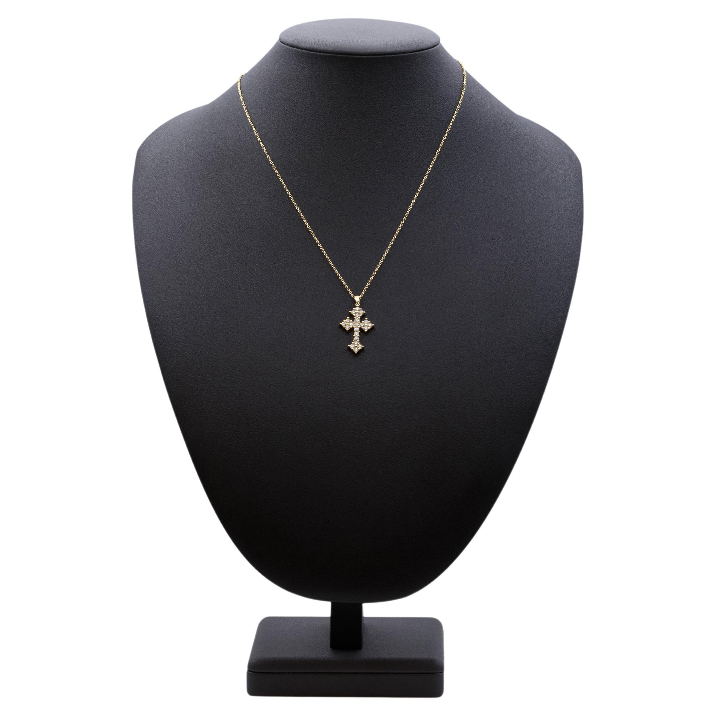 Diamond Cross Necklace in 14K Yellow Gold For Sale