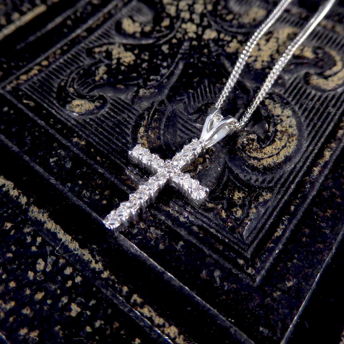 Brilliant Cut Diamond Cross Necklace in 18ct White Gold on 16inch 18ct White Gold Chain