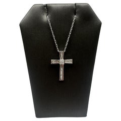Collier croix en diamant en argent - 0.40ctw, 18", Baguette et rond, New