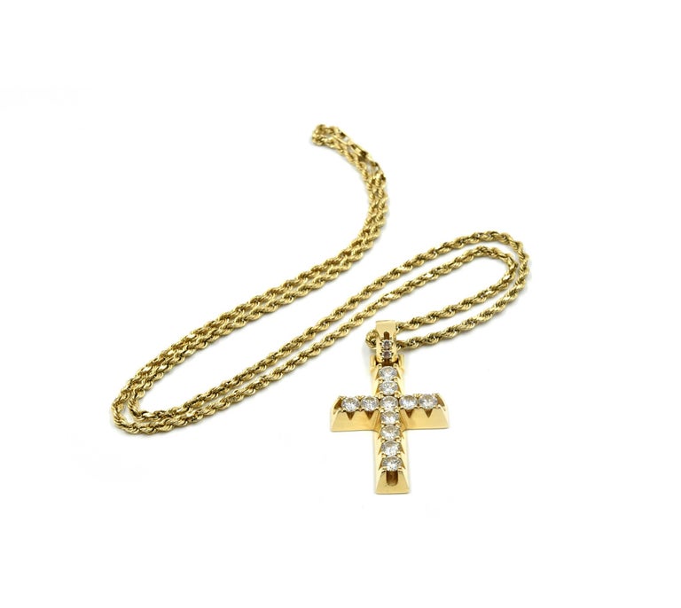 Diamond Cross Necklace on Rope Chain 14 Karat Yellow Gold at 1stDibs