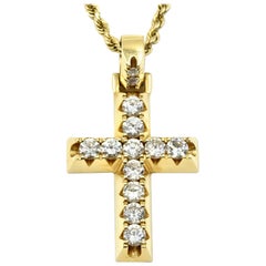 Diamond Cross Necklace on Rope Chain 14 Karat Yellow Gold