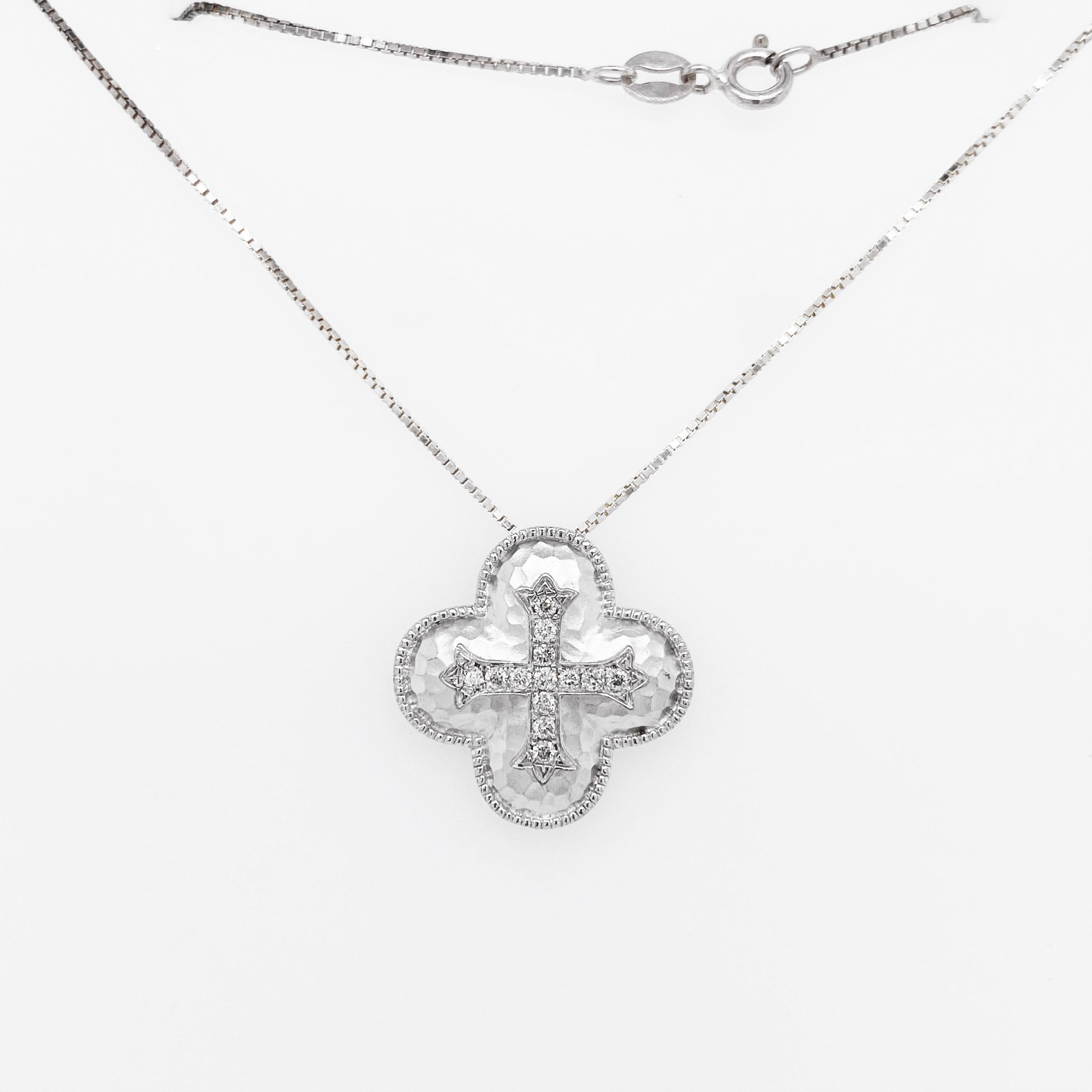 Diamond Cross Necklace with Hammering, Diamond Cross Pendant and Chain, Sterling In New Condition For Sale In Austin, TX