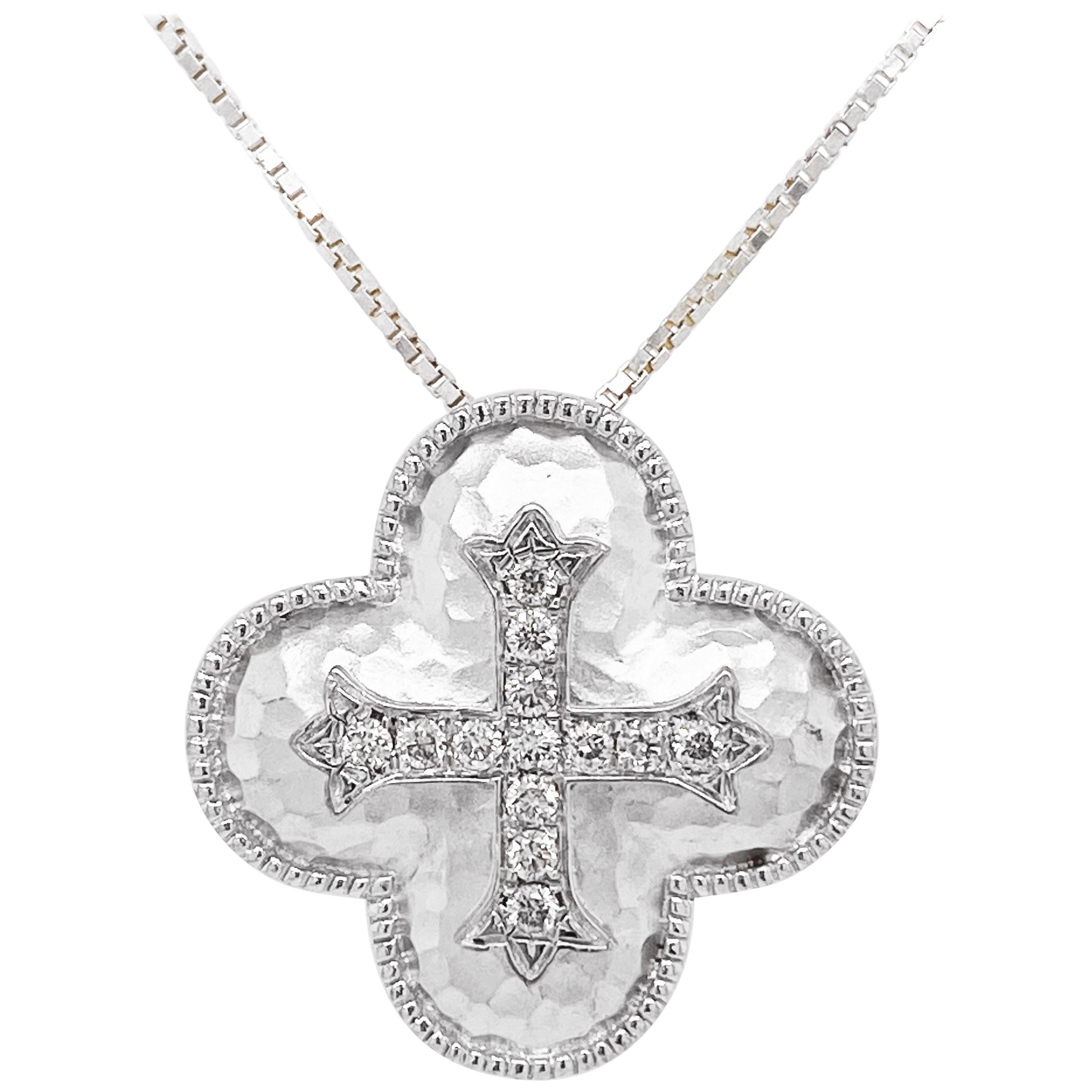 Diamond Cross Necklace with Hammering, Diamond Cross Pendant and Chain, Sterling For Sale