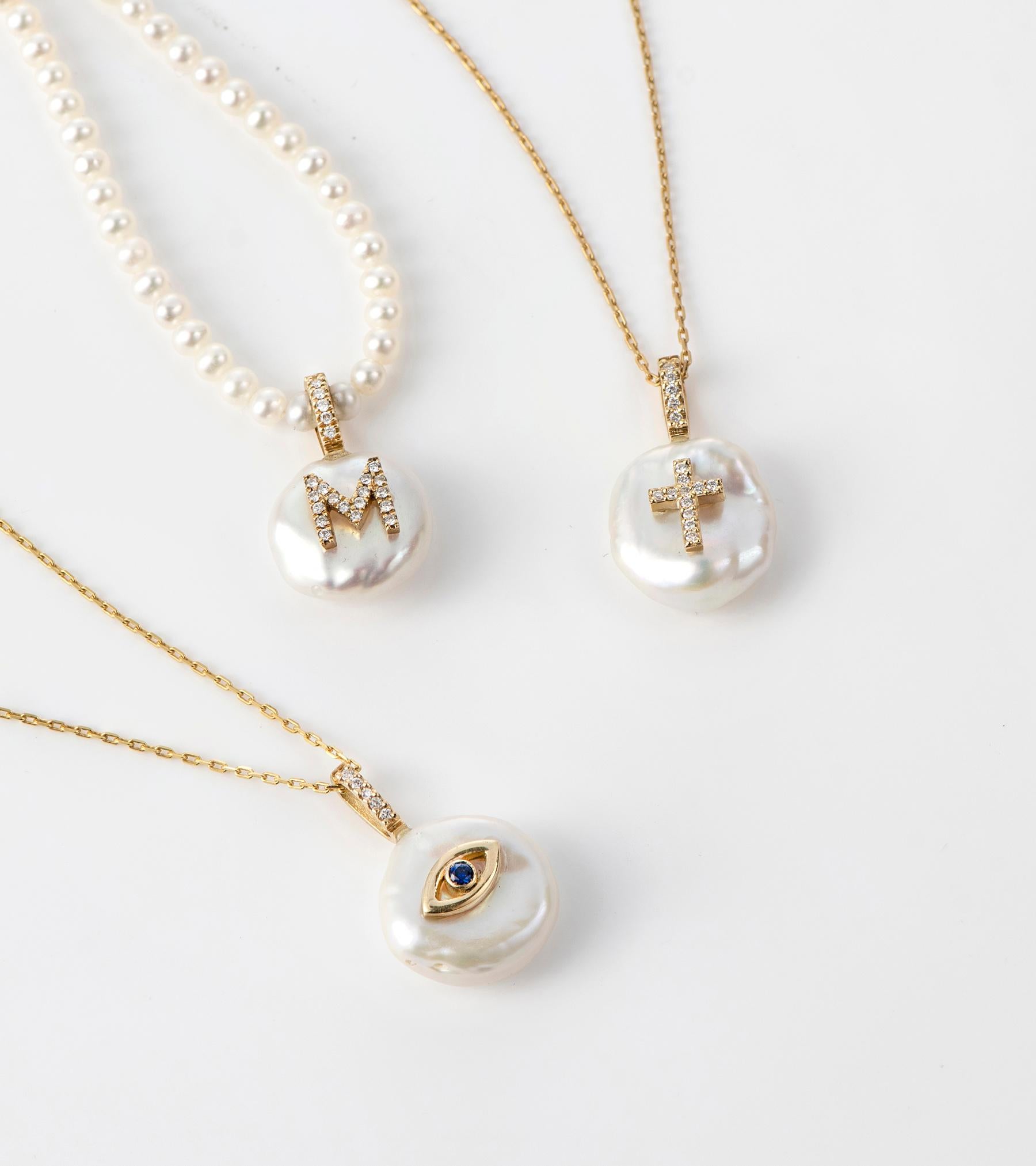 Diamond Cross Pearl Necklace, 18K Gold In New Condition For Sale In Nicosia, CY