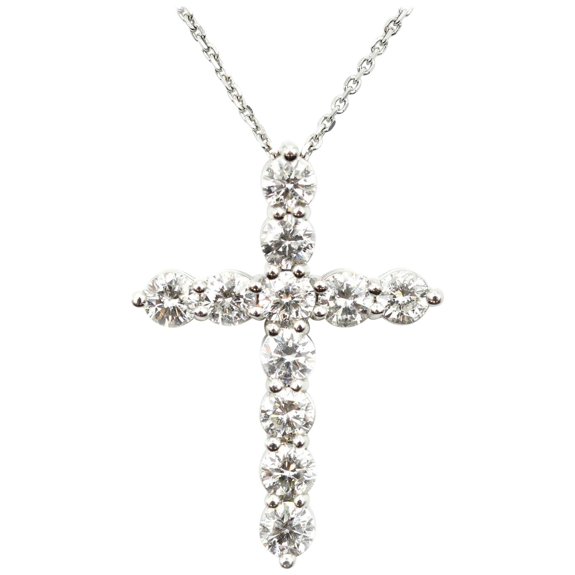 Diamond Cross Pendant 1.05 Carat Necklace 14 Karat White Gold