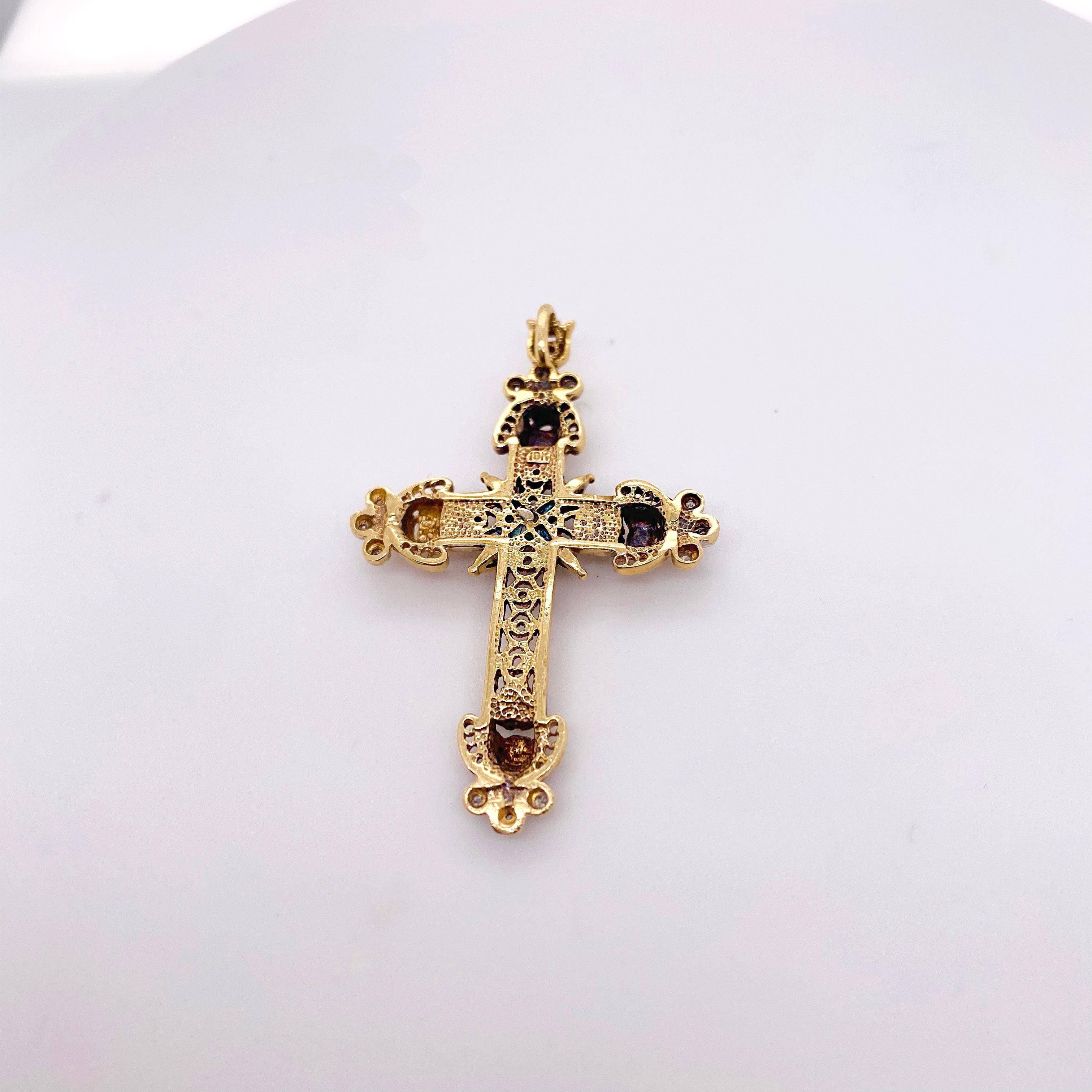 Round Cut Diamond Cross Pendant, 14 Karat Yellow Gold, Charm