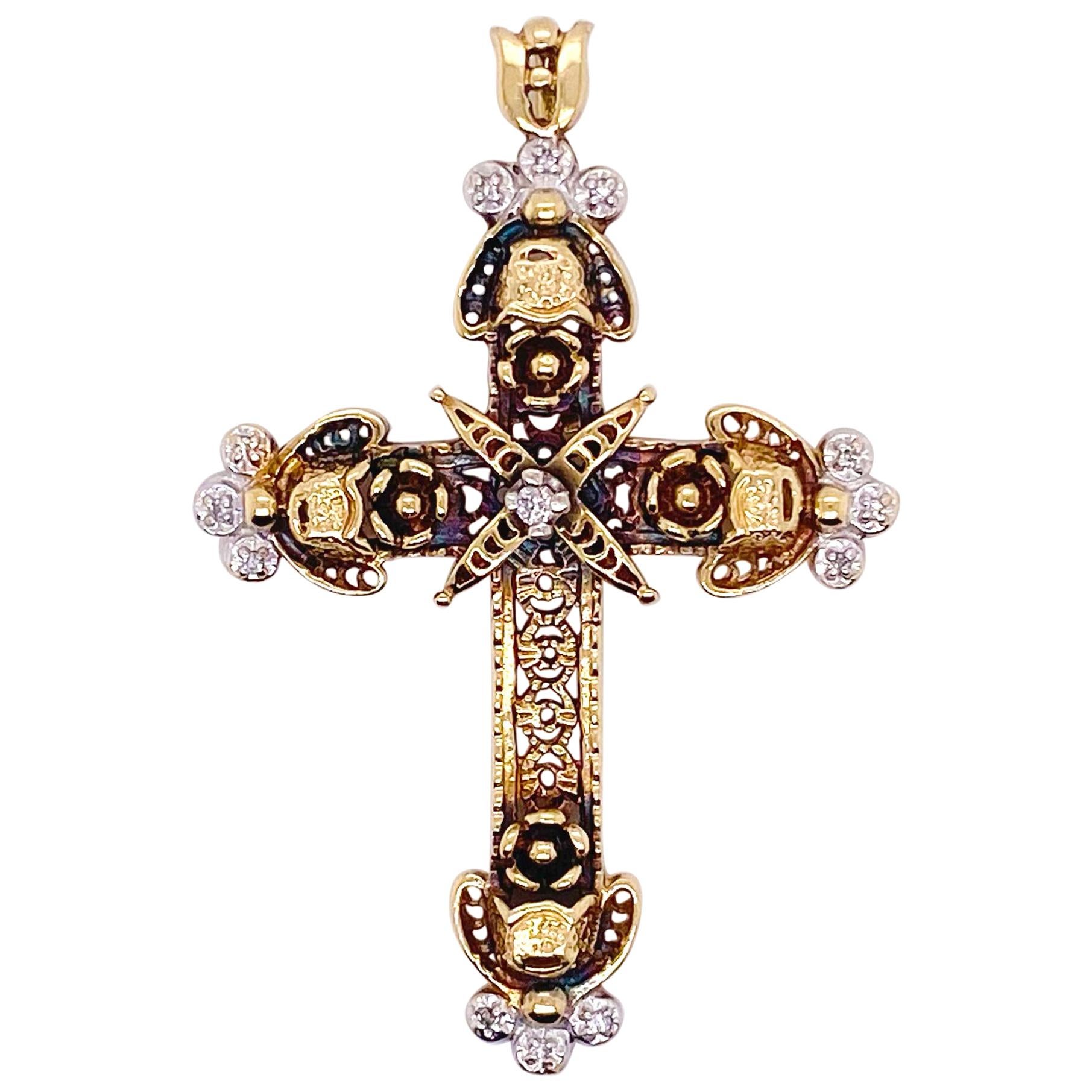 Diamond Cross Pendant, 14 Karat Yellow Gold, Charm