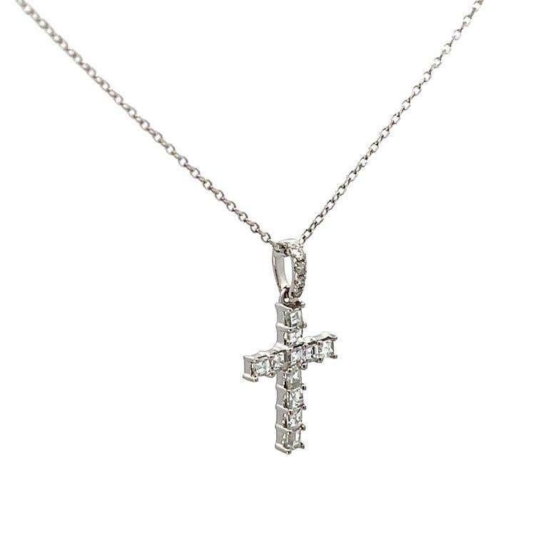 Asscher Cut Diamond Cross Pendant .37ct 18k White Gold  For Sale