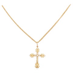 Diamond Cross Pendant and Chain, 18 Karat Yellow Gold Diamond Cross and Chain