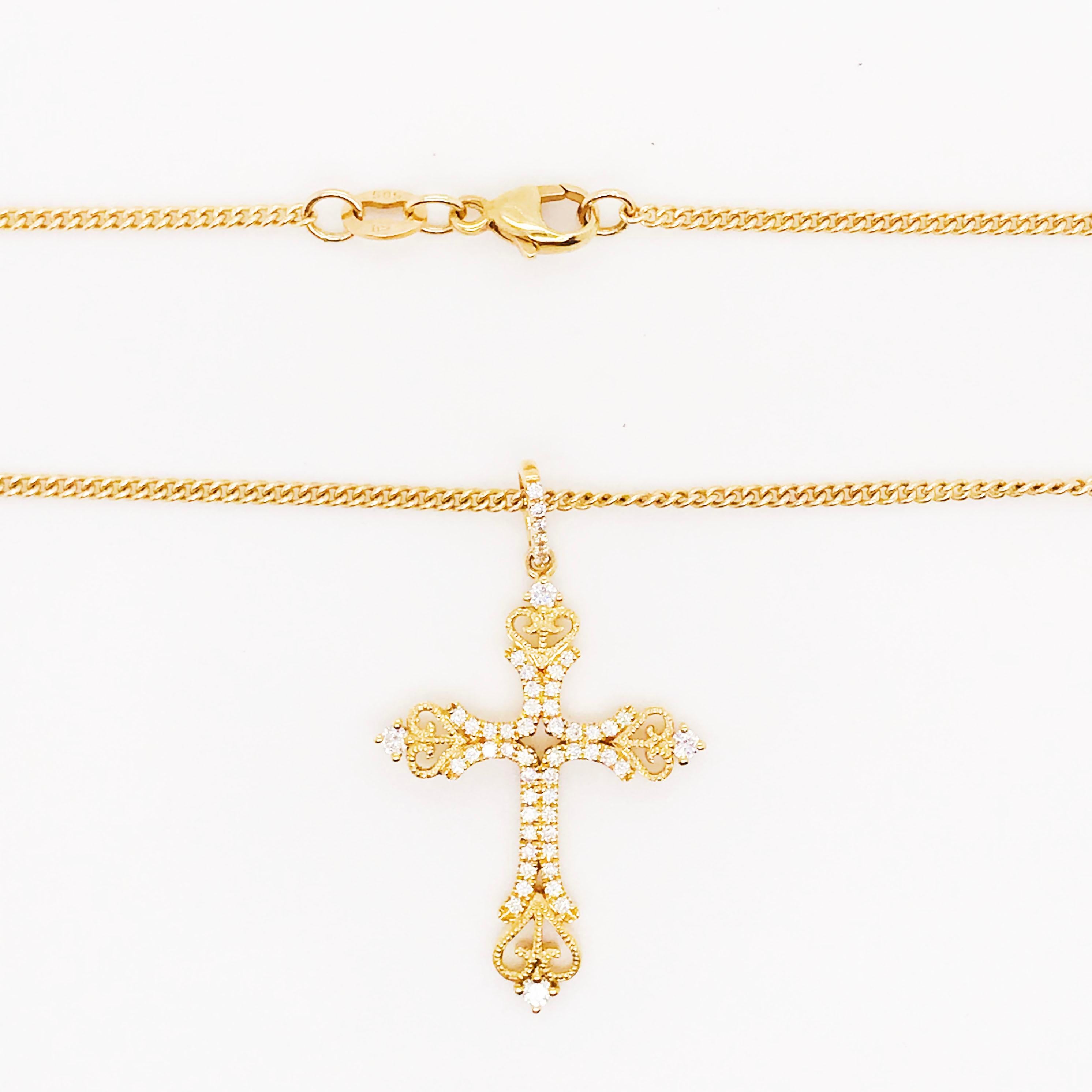 Diamant-Kreuz-Anhänger und Kette, 18 Karat Gelbgold Diamant-Kreuz und Kette (Renaissance) im Angebot