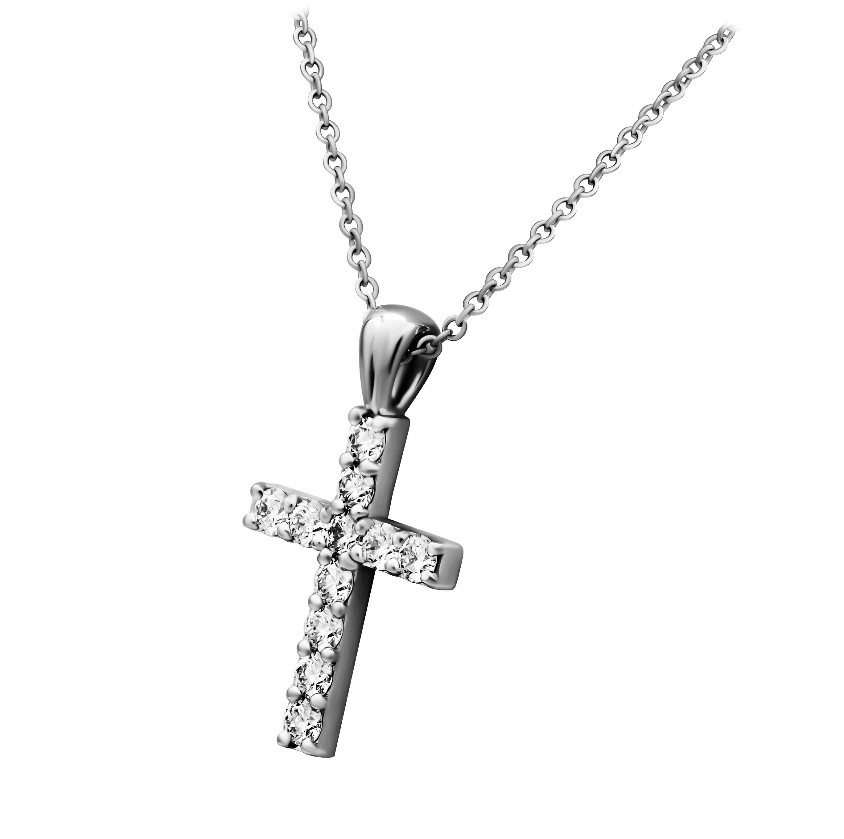 Ciondolo con croce di diamanti in oro bianco 14k
Peso totale in carati: 0,36ct Colore F/G e purezza VS
Catena da 16 pollici