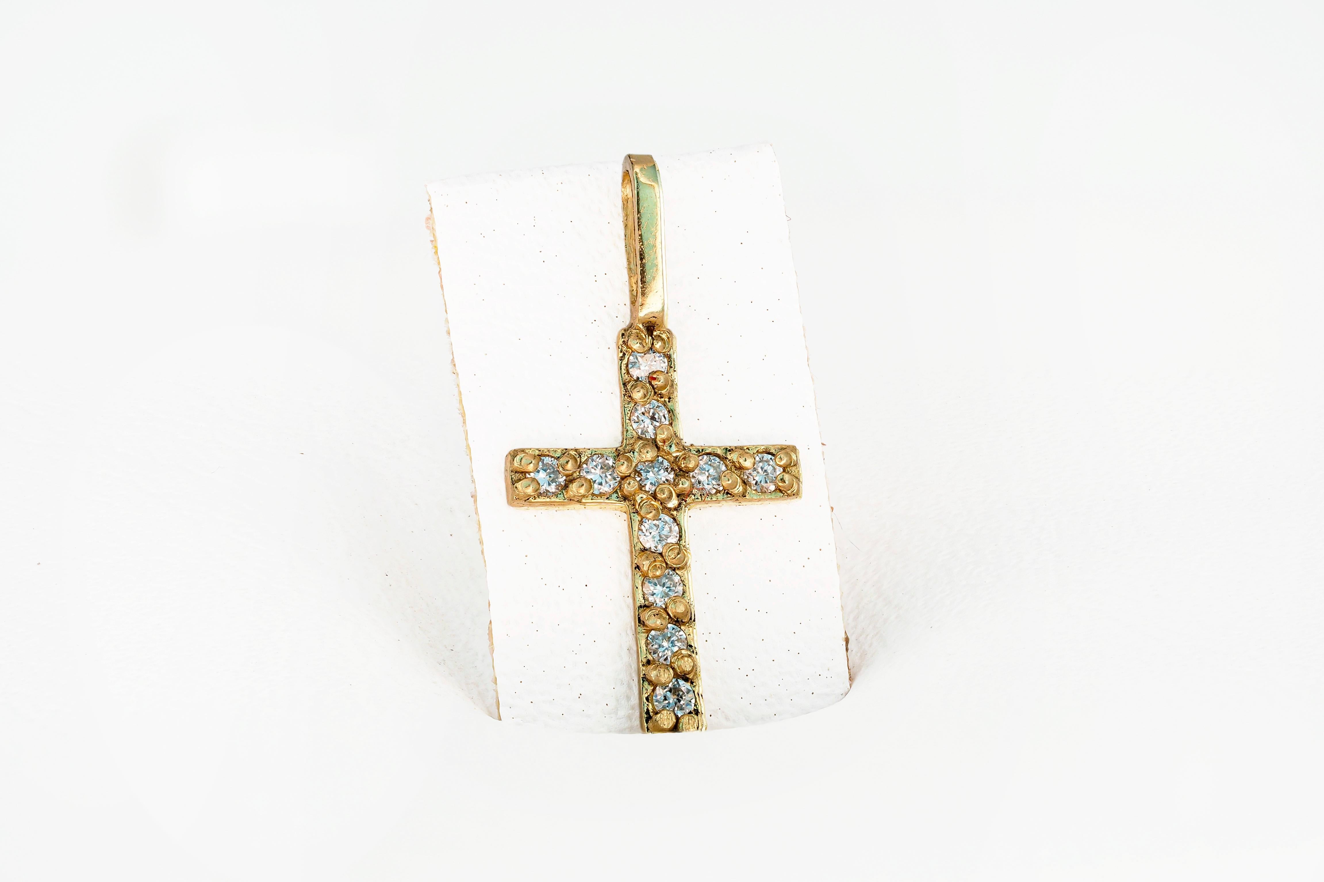 Cross pendant with diamonds
Weight: 1 g.
Gold - 14 karat yellow gold
Size -  20x12 mm

Stones:
Genuine Diamonds 11 pieces, G/VS, round brilliant cut, 11x0.01=0.11 ct

- Pendant making for order. 
- It could be done in white, yellow or rose 14kt