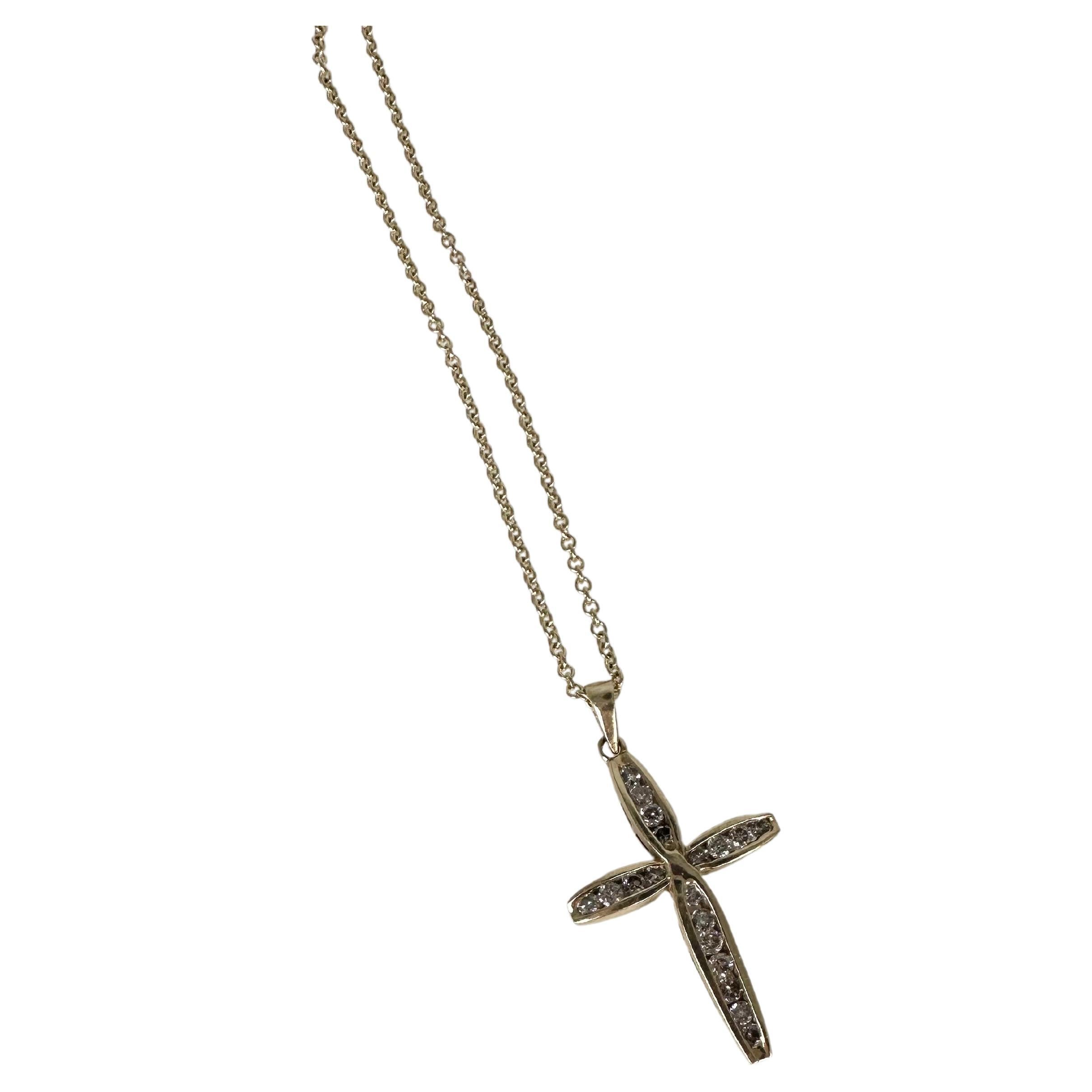 Diamond Cross Pendant Necklace 10K Yellow Gold Minimalistic Cross Channel Set For Sale