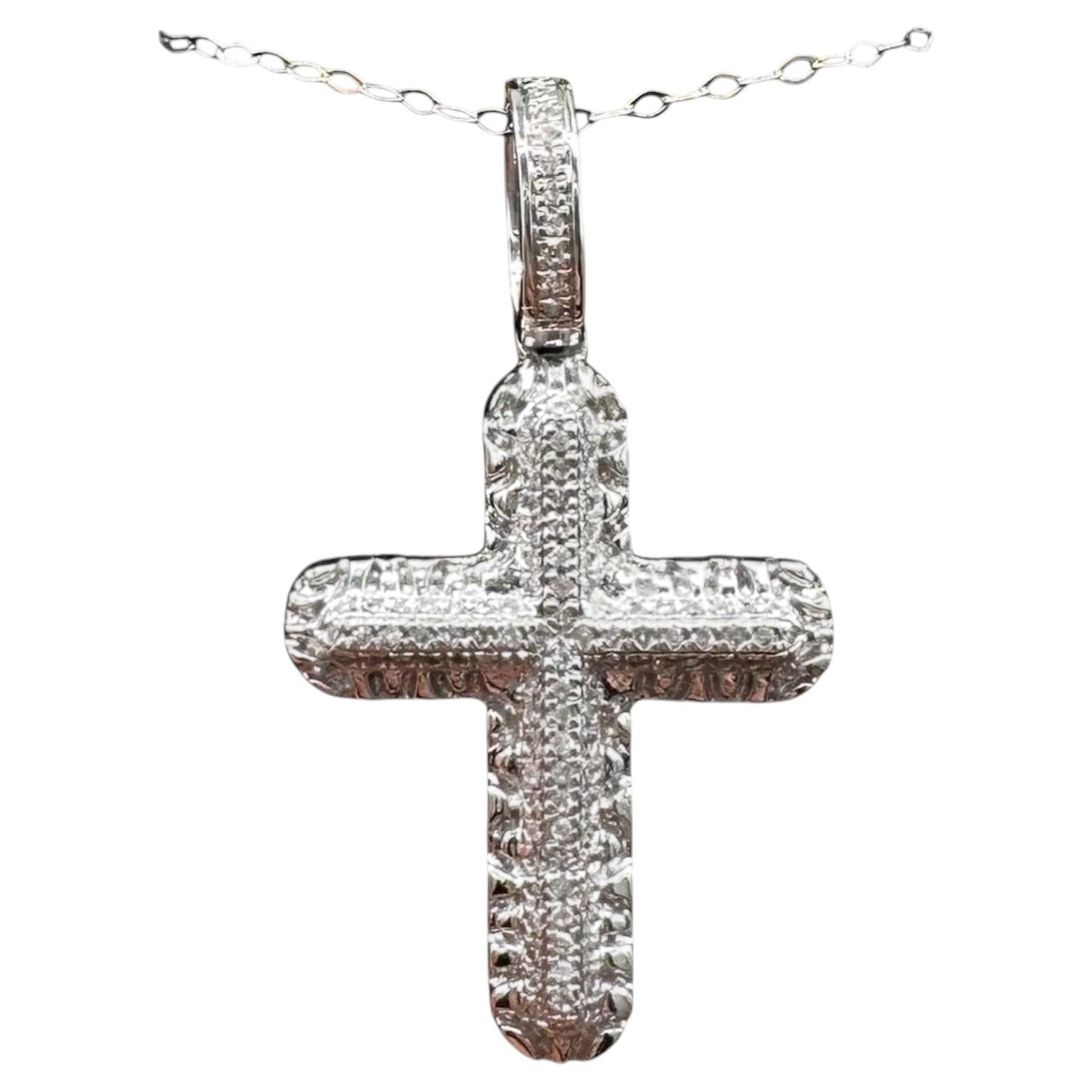 Diamond Cross Pendant Necklace 14K White Gold 0.24ctw 18in New
