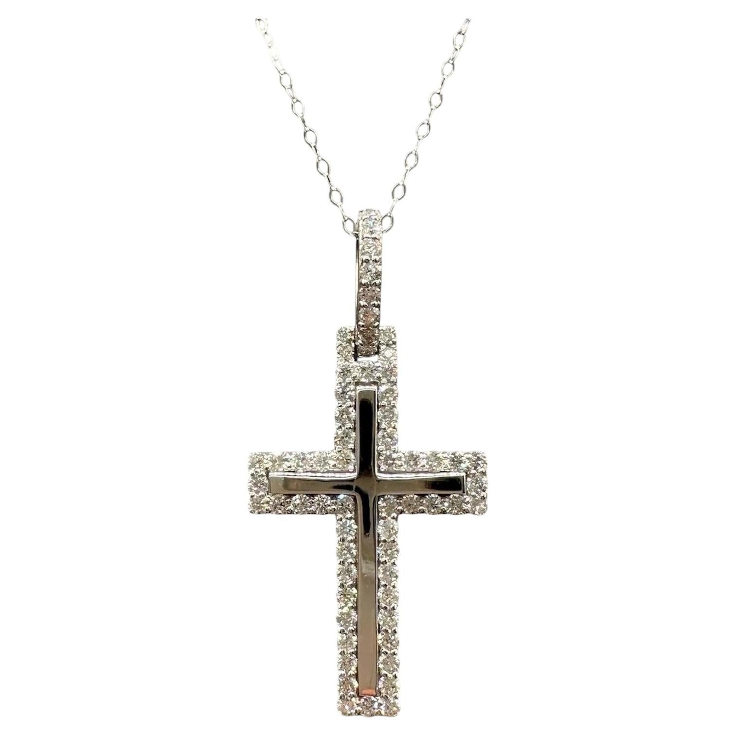 Diamond Cross Pendant Necklace 14K White Gold 1.20ctw 18in New