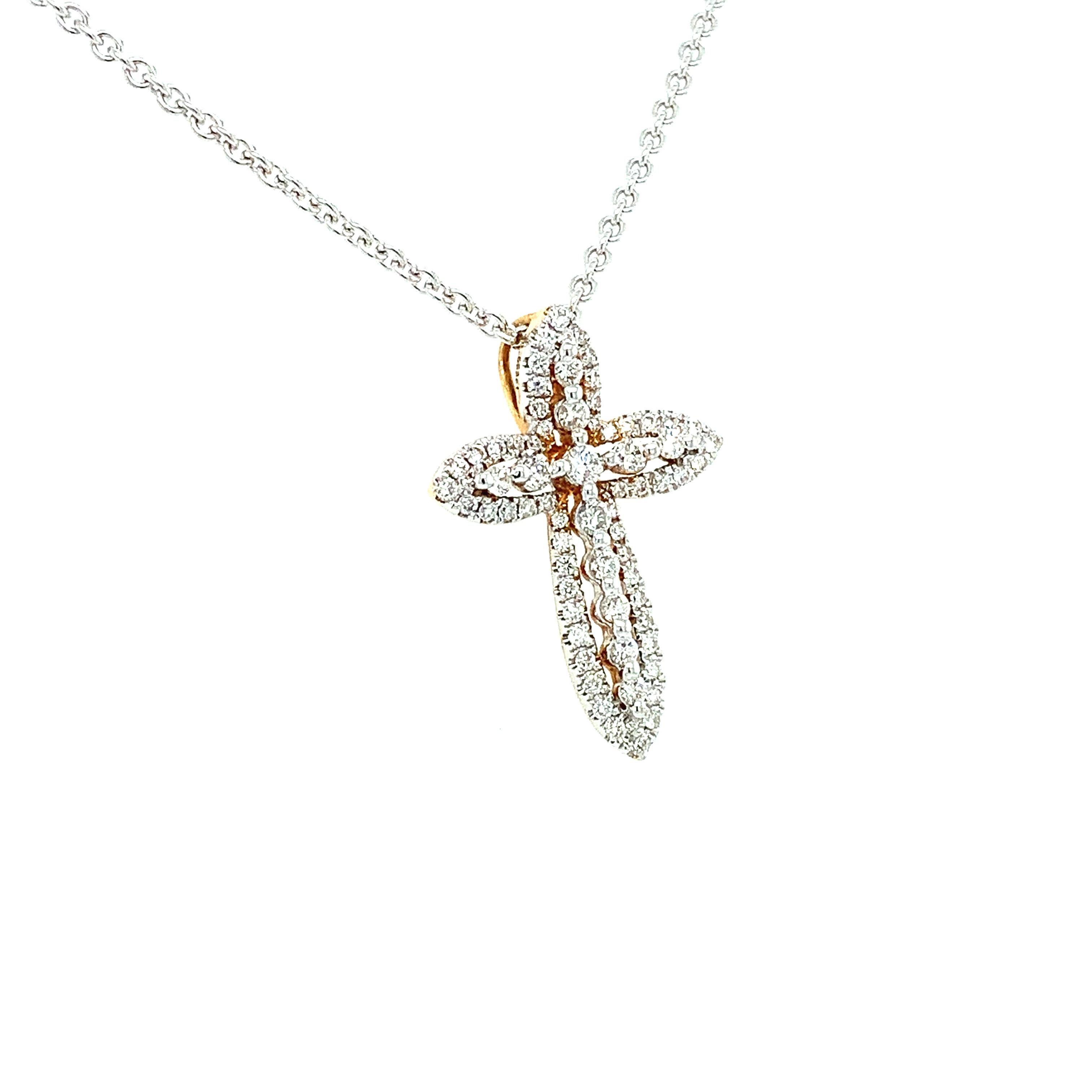 Round diamond cross pendant necklace in 18k white gold.
Round brilliant diamond total weight 1.06ct G colour, VS1 clarity
Hallmarked.
Chain length 18 inches
Cross measurements approximately 23x17mm
Valuation included.
