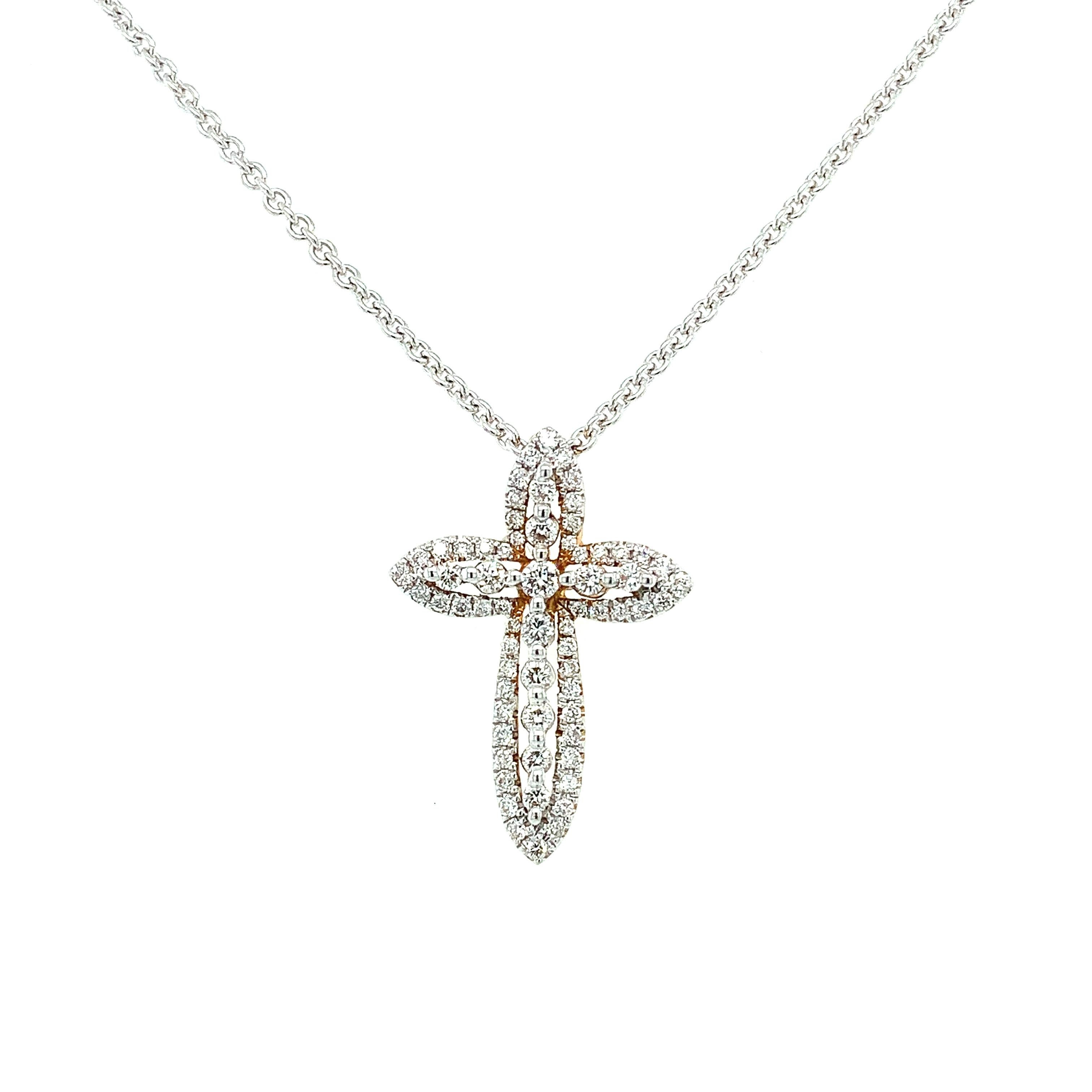 Round Cut Diamond Cross Pendant Necklace 18K White Gold For Sale