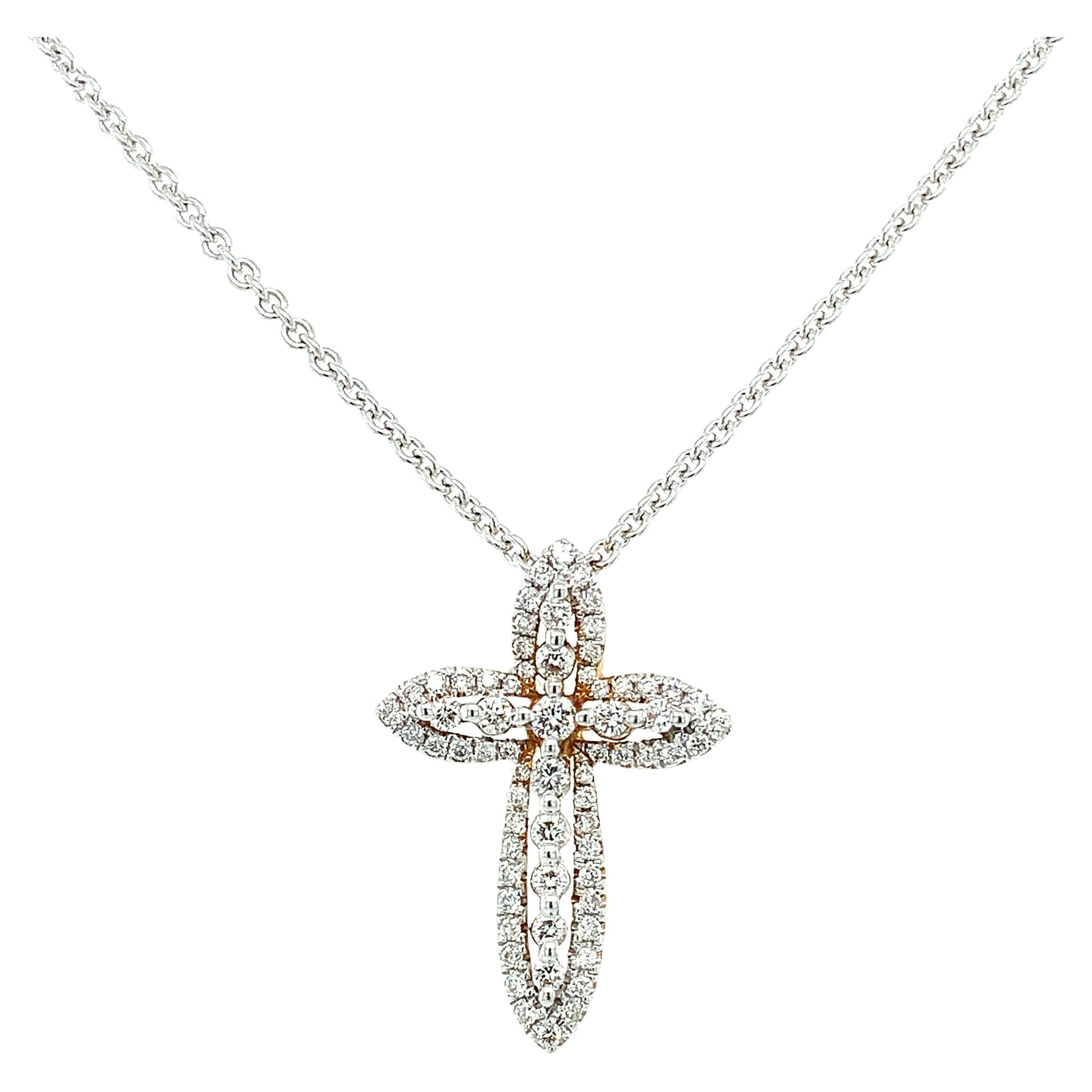 Diamond Cross Pendant Necklace 18K White Gold For Sale