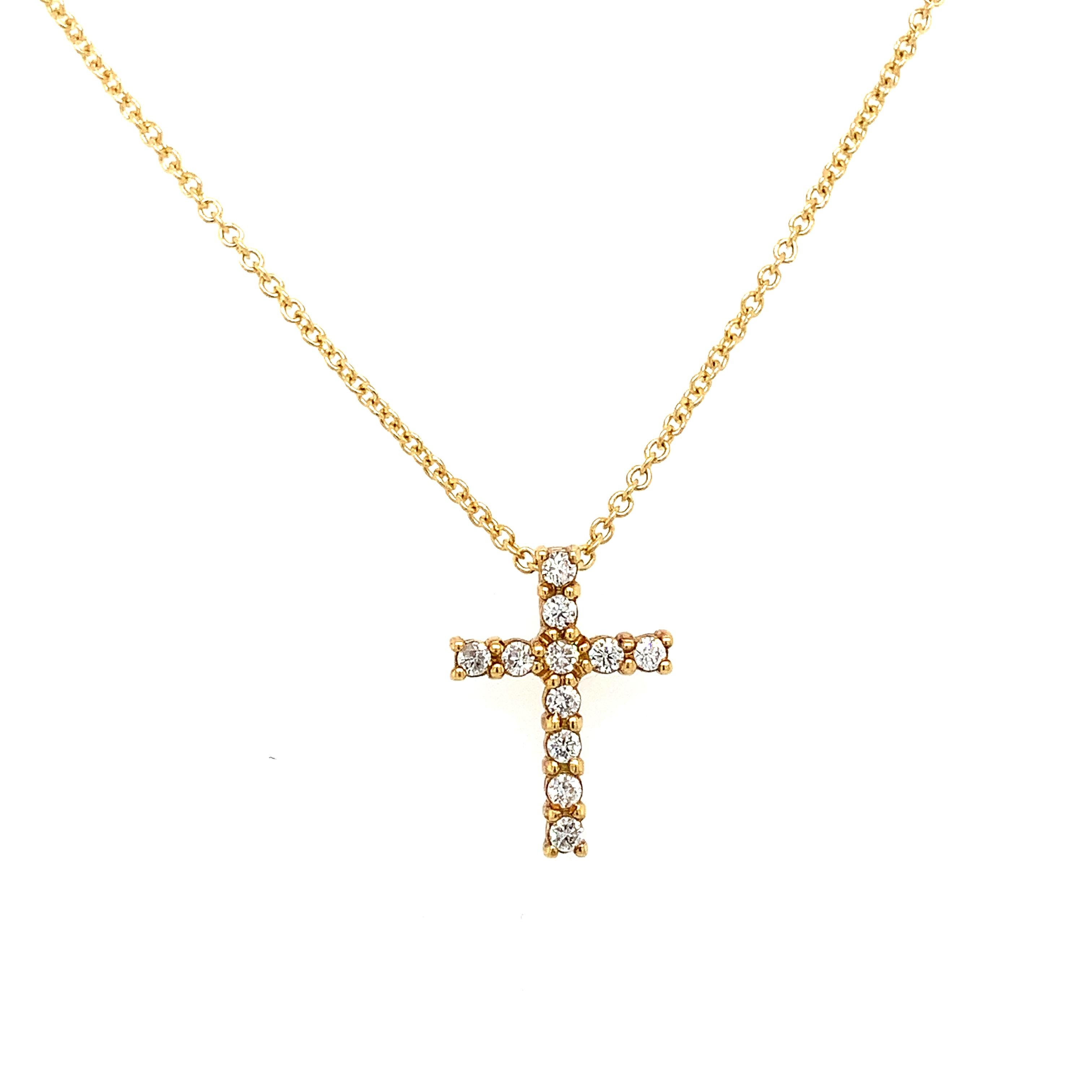 Round Cut Diamond cross pendant necklace 18k yellow gold For Sale