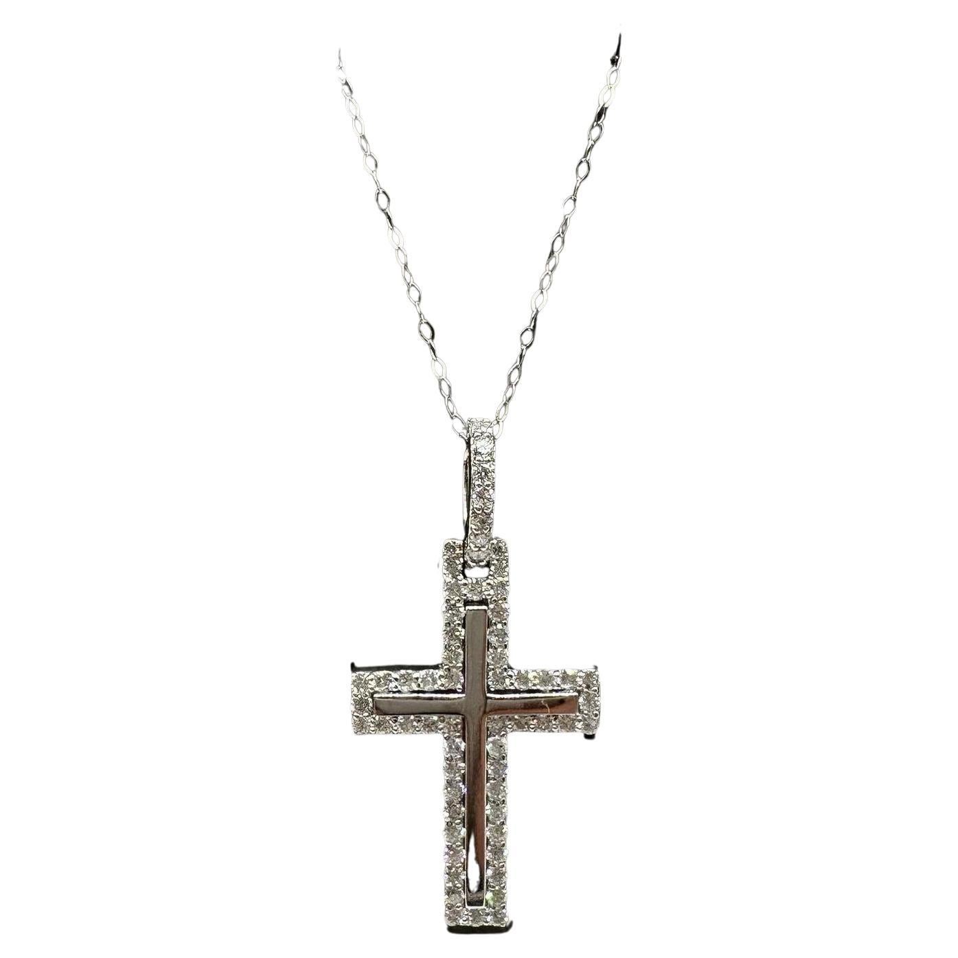 Diamond Cross Pendant Necklace in 14kt White Gold – 1.20ctw, 18in, New