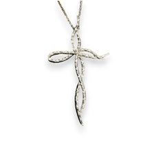 Diamond Cross Pendant Necklace in 18k White Gold and Croc Tail detail