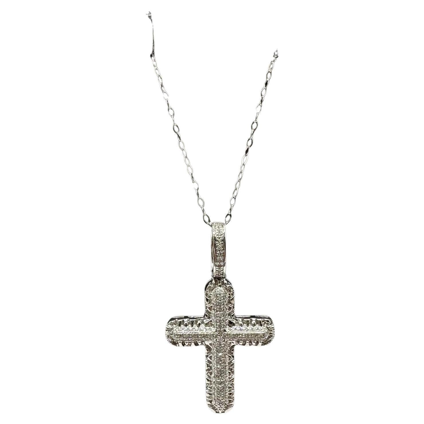 Diamond Cross Pendant Necklace in White Gold – 0.24ctw, 18in, New