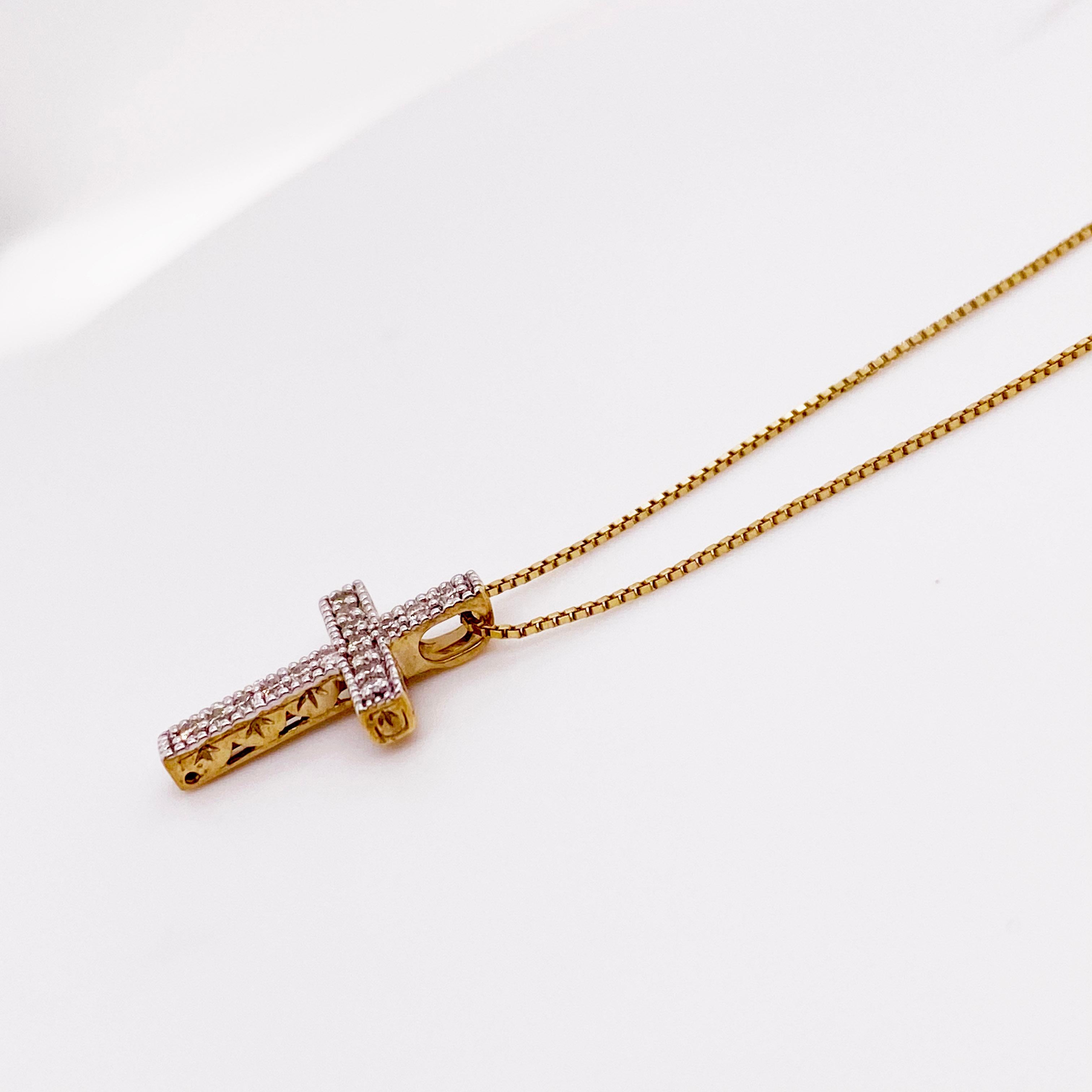 This cross pendant is perfect if you want something simple in design but sturdy in structure! The cross has sixteen (16) diamonds in white gold on the top and is yellow gold on the bottom.  The solid gold of the cross and chain can always be