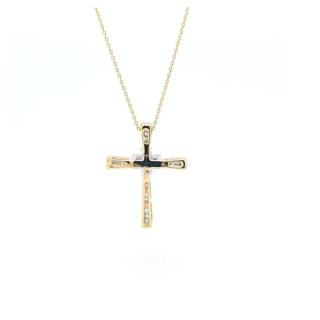 Round Cut Diamond Cross Pendant Necklace in Yellow Gold For Sale