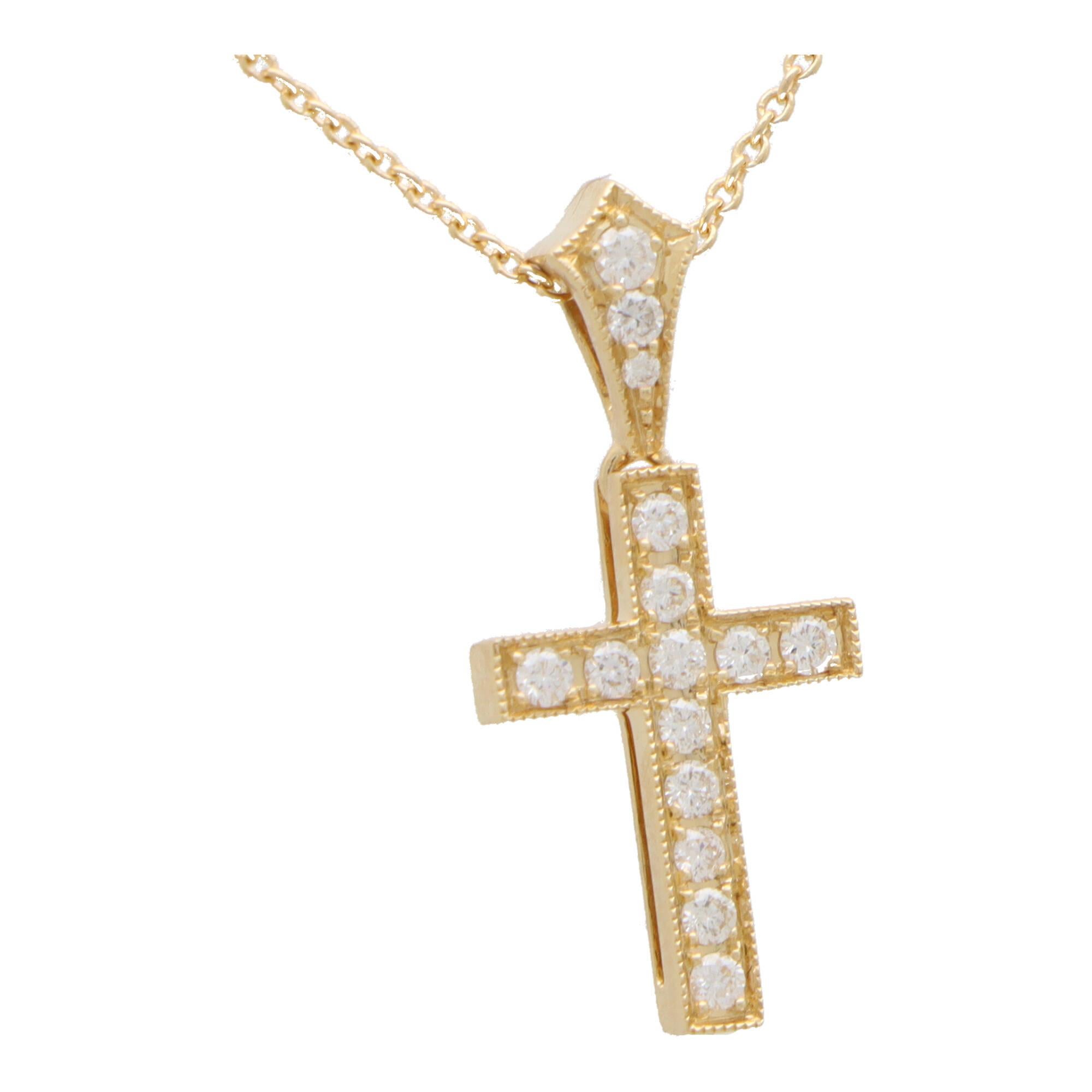 Modern Diamond Cross Pendant Necklace in Yellow Gold For Sale