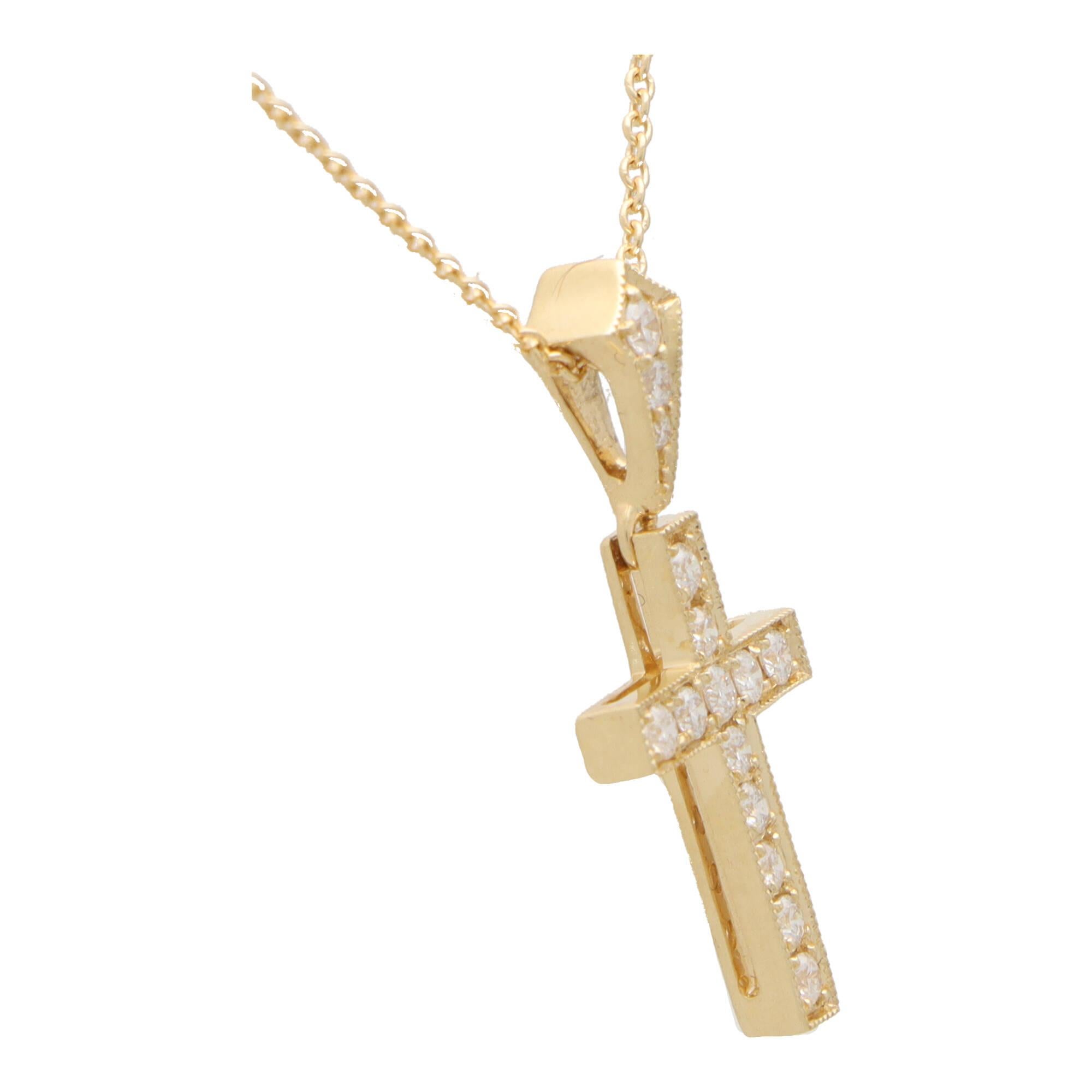 Round Cut Diamond Cross Pendant Necklace in Yellow Gold For Sale
