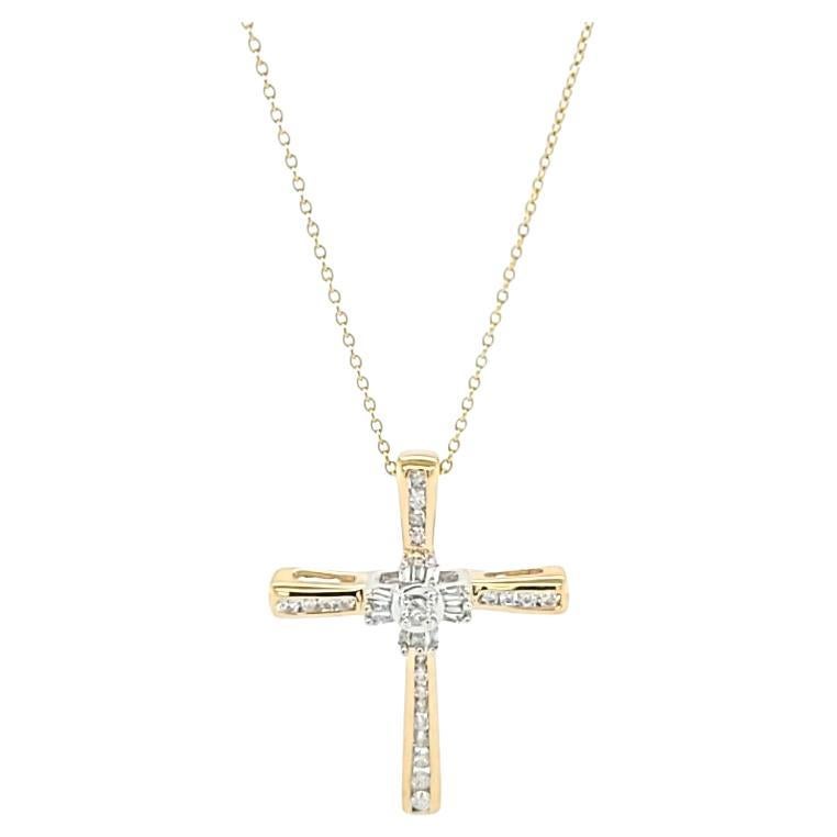Diamond Cross Pendant Necklace in Yellow Gold For Sale