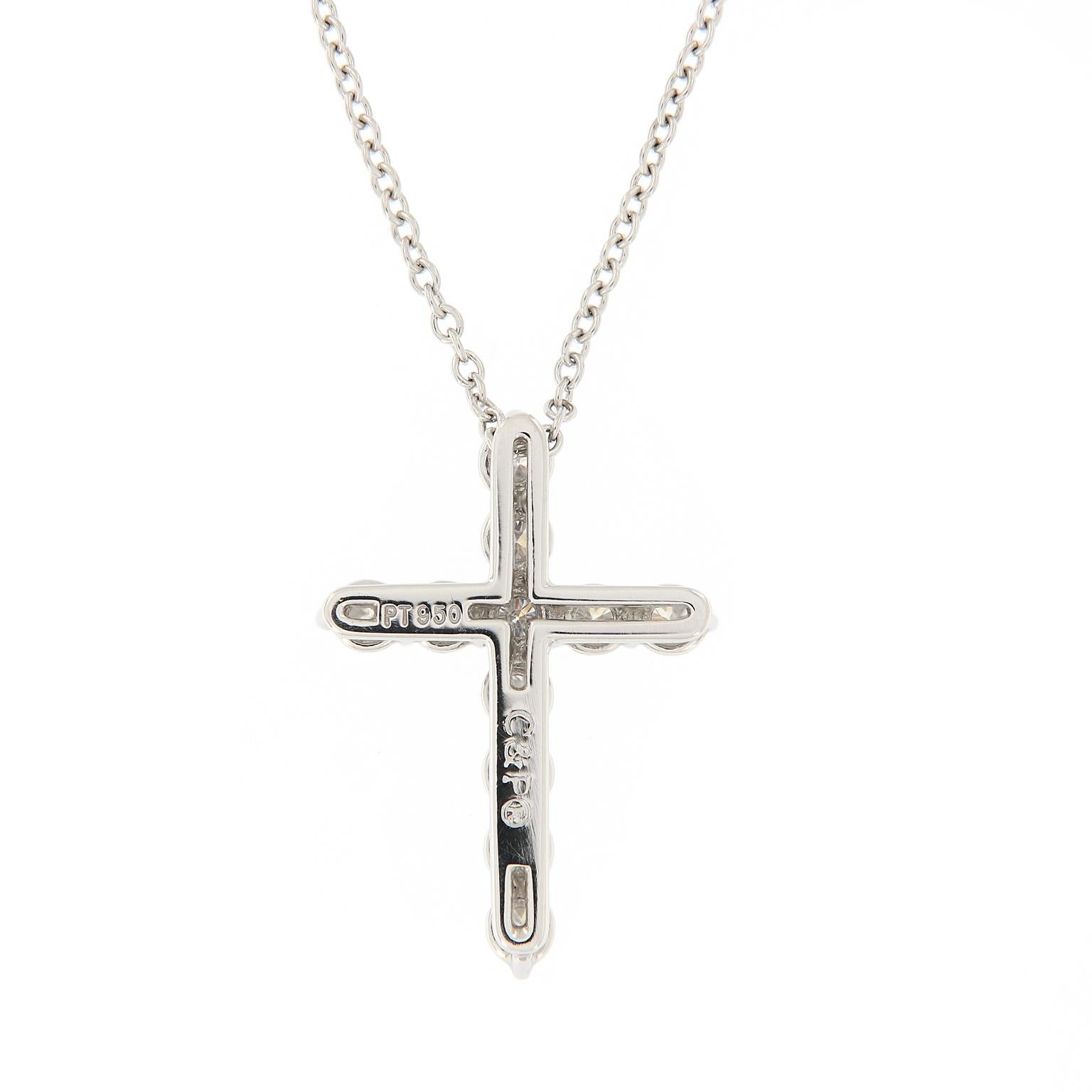 This diamond cross pendant, handcrafted in platinum is a classic piece of jewelry for everyday or special moments. Weighs 3.8 grams. Pendant 18mm long x 13mm wide

RBC Diamonds 0.45 cttw, VS G-H