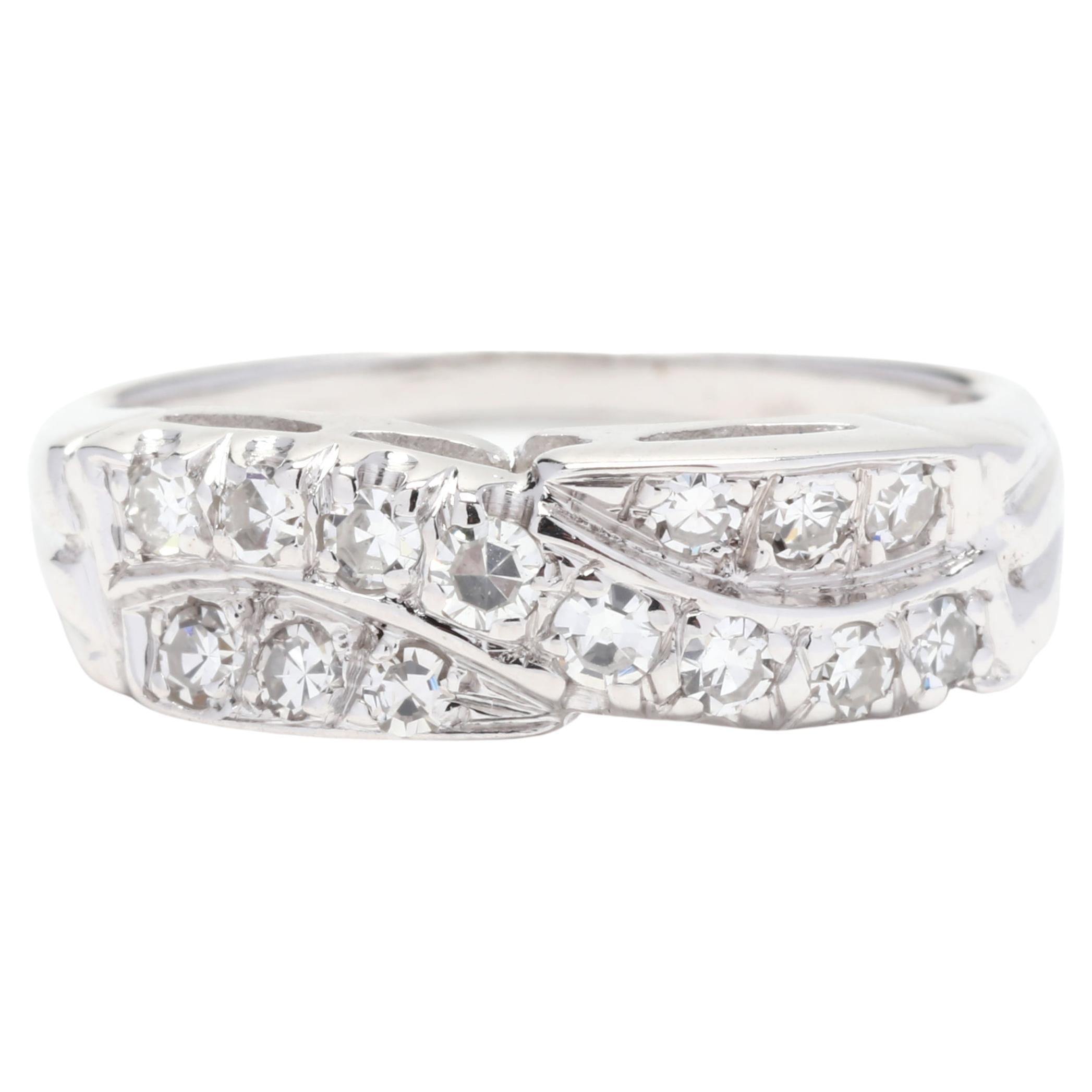 Diamond Crossover Band Ring, 14K White Gold, Ring Size 5.75, Vintage Diamond 