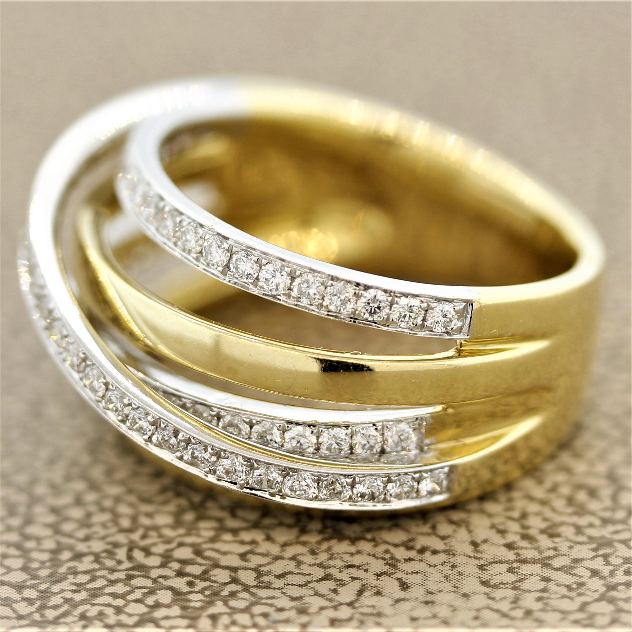 gold crossover ring with diamonds