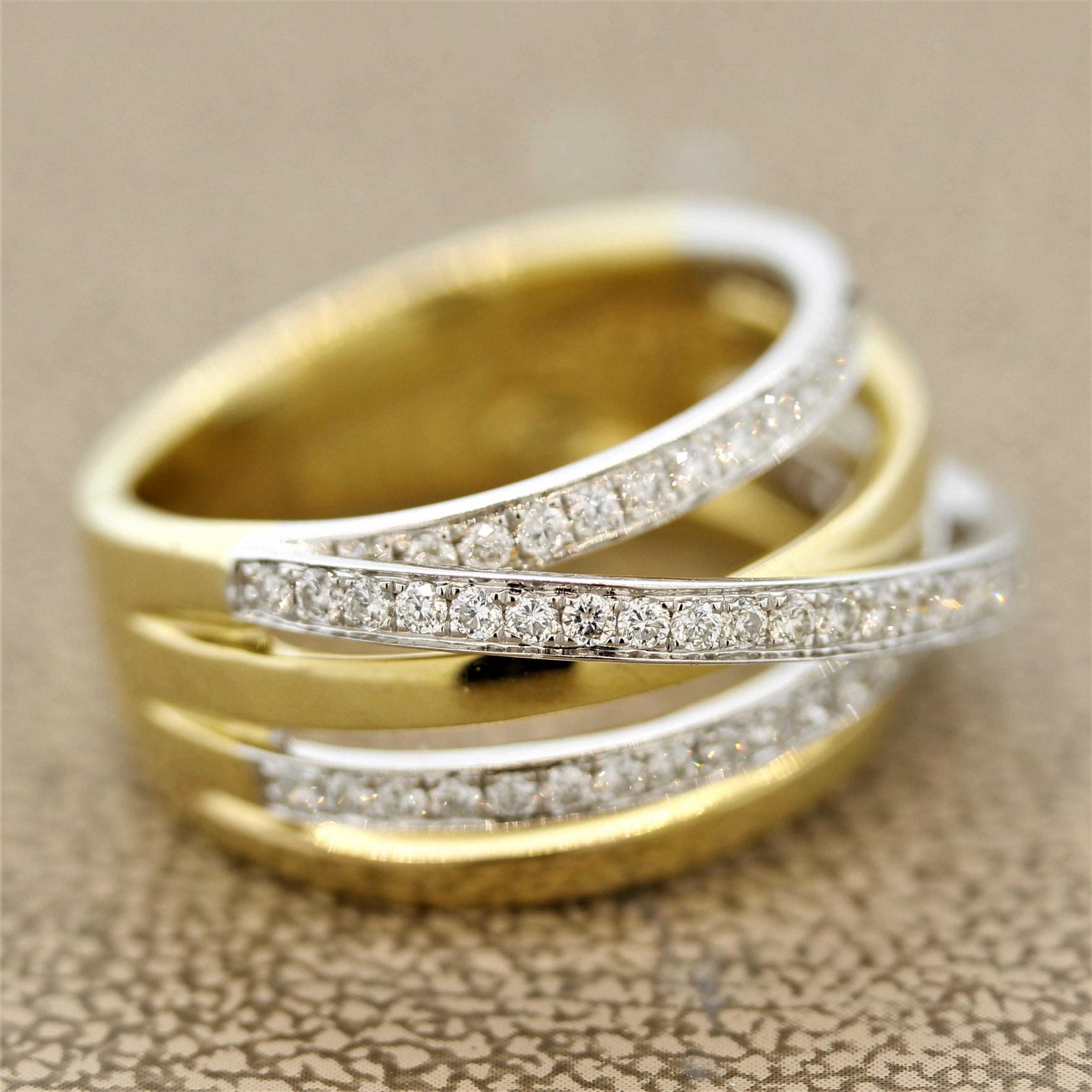 Round Cut Diamond Crossover Two-Tone Gold Bridge Ring