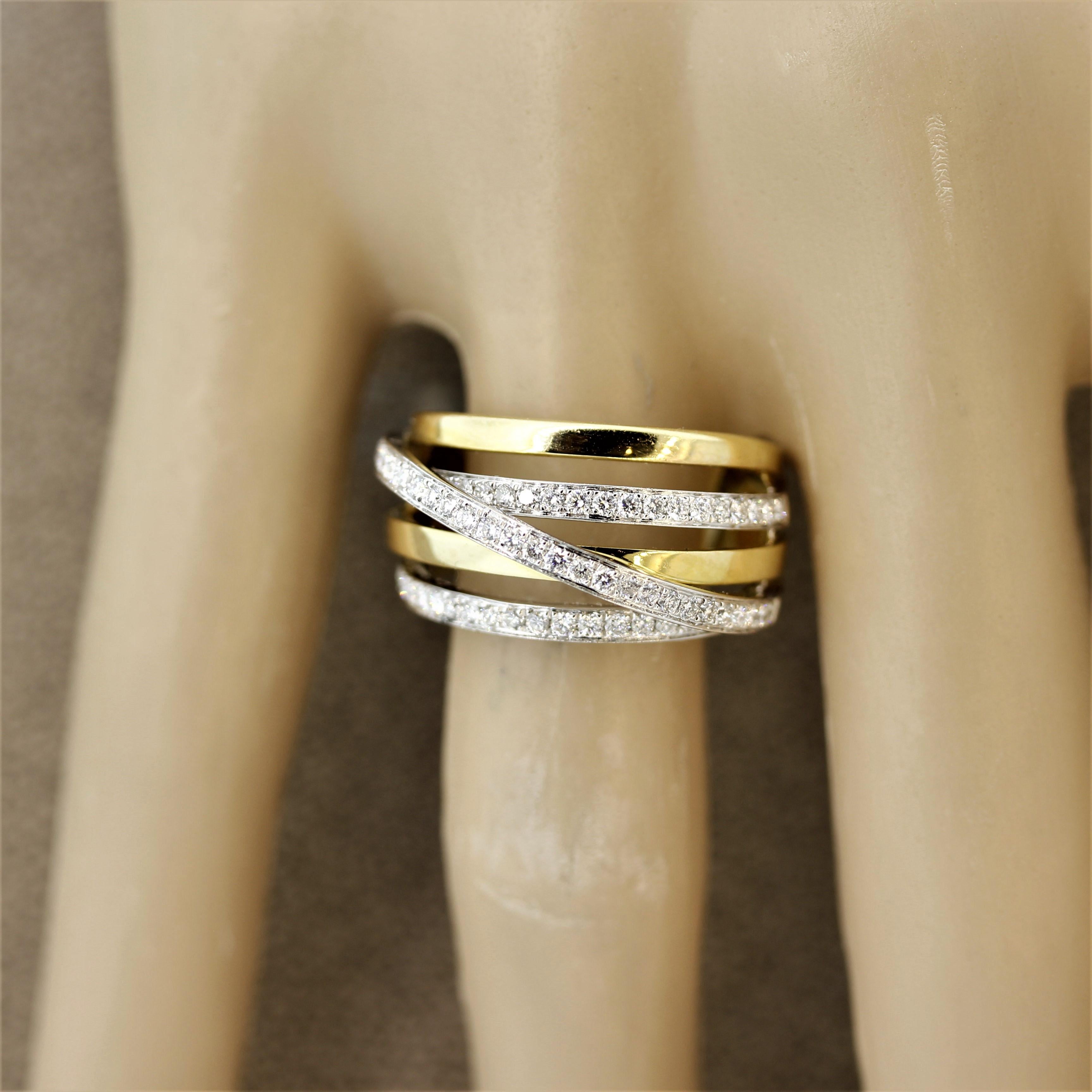 Diamond Crossover Two-Tone Gold Bridge Ring In New Condition In Beverly Hills, CA