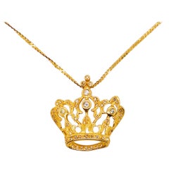 Diamond Crown Pendant in 14 Karat Gold with Flat S-Chain Queen Necklace Choker