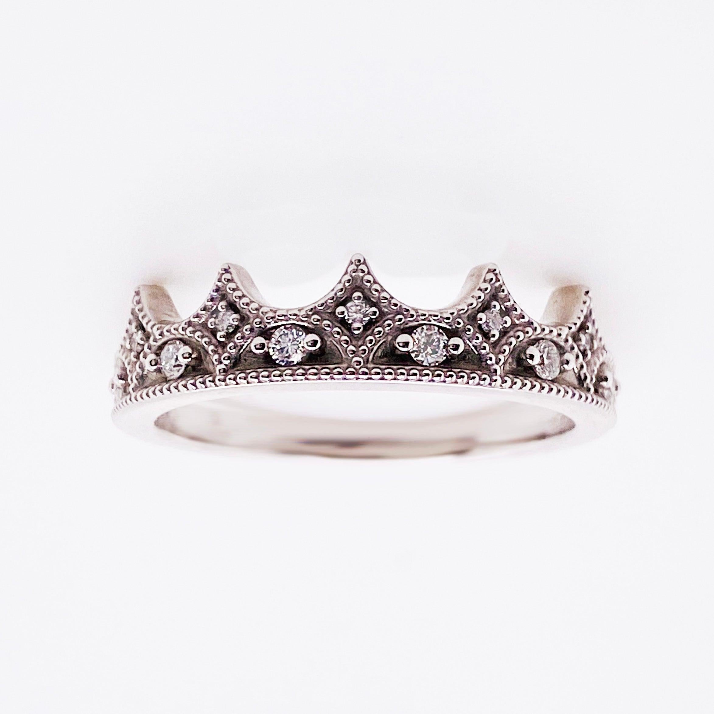 For Sale:  Diamond Crown Ring, 14 Karat White Gold, 9 Diamonds, Diamond Wedding Band 2