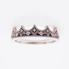 Diamond Crown Ring, 14 Karat White Gold, 9 Diamonds, Diamond Wedding Band