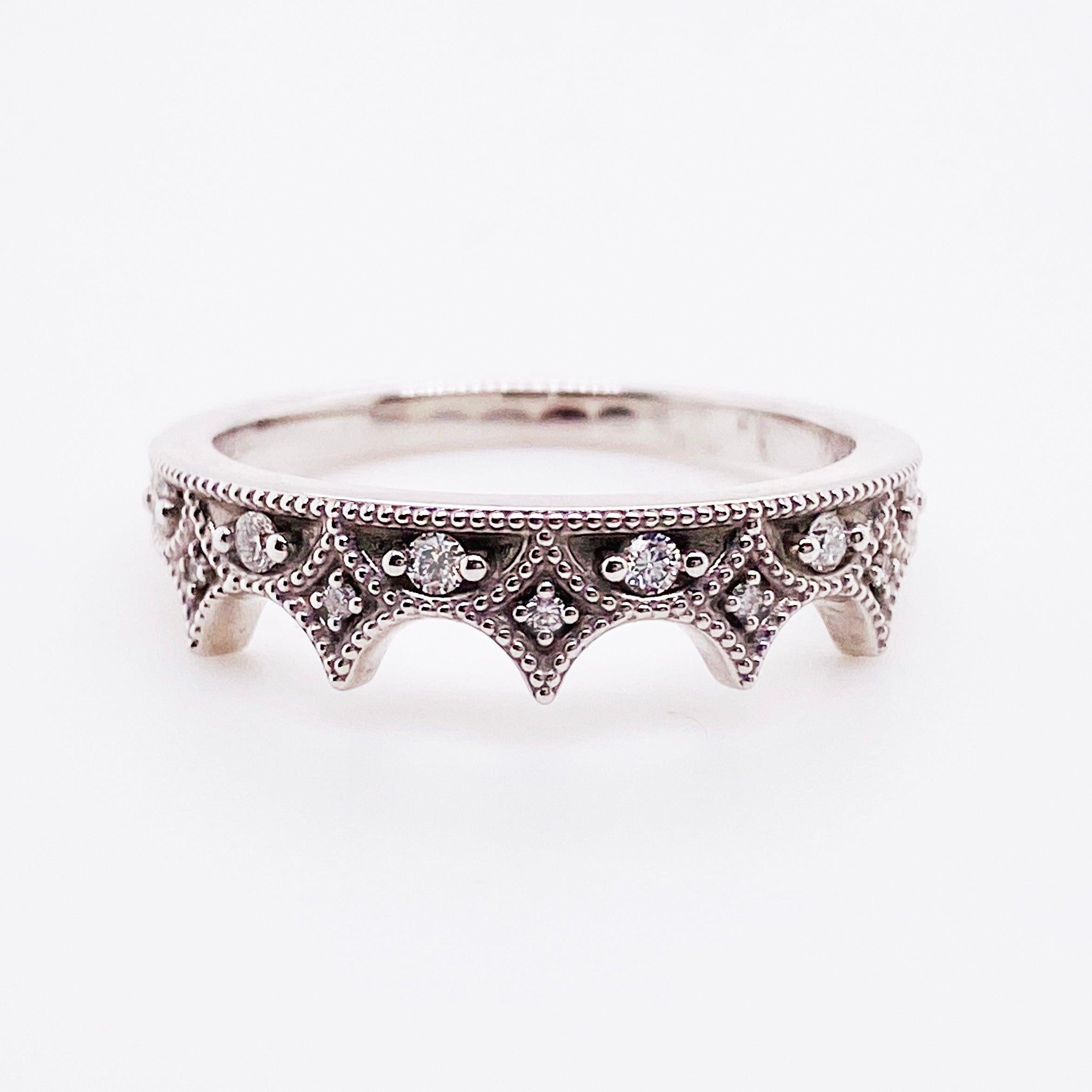For Sale:  Diamond Crown Ring, 14 Karat White Gold, 9 Diamonds, Diamond Wedding Band 4