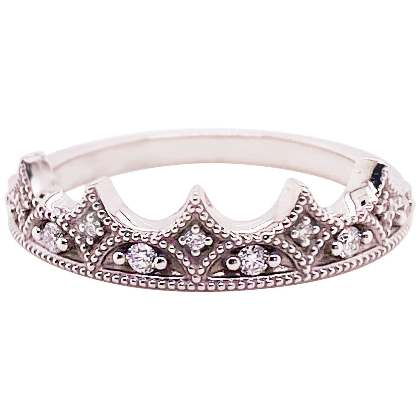 For Sale:  Diamond Crown Ring, 14 Karat White Gold, 9 Diamonds, Diamond Wedding Band