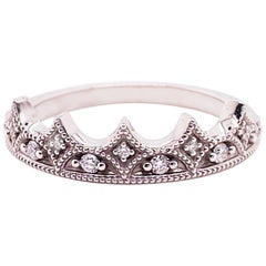 Diamond Crown Ring, 14 Karat White Gold, 9 Diamonds, Diamond Wedding Band