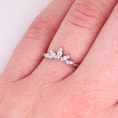 Diamond Crown Ring, 14 Karat White Gold Curved Band, Round, Marquise