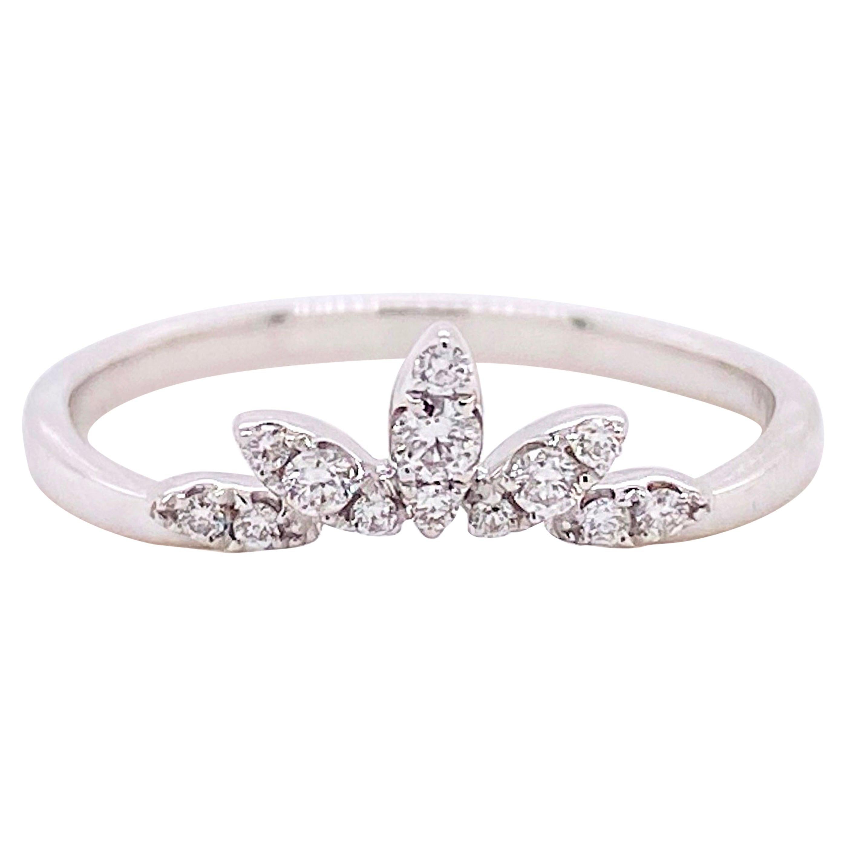 Diamond Crown Ring, 14 Karat White Gold Curved Band, Round, Marquise