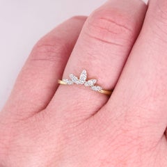 Diamond Crown Ring, 14 Karat Yellow Gold Curved Band, Round, Marquise