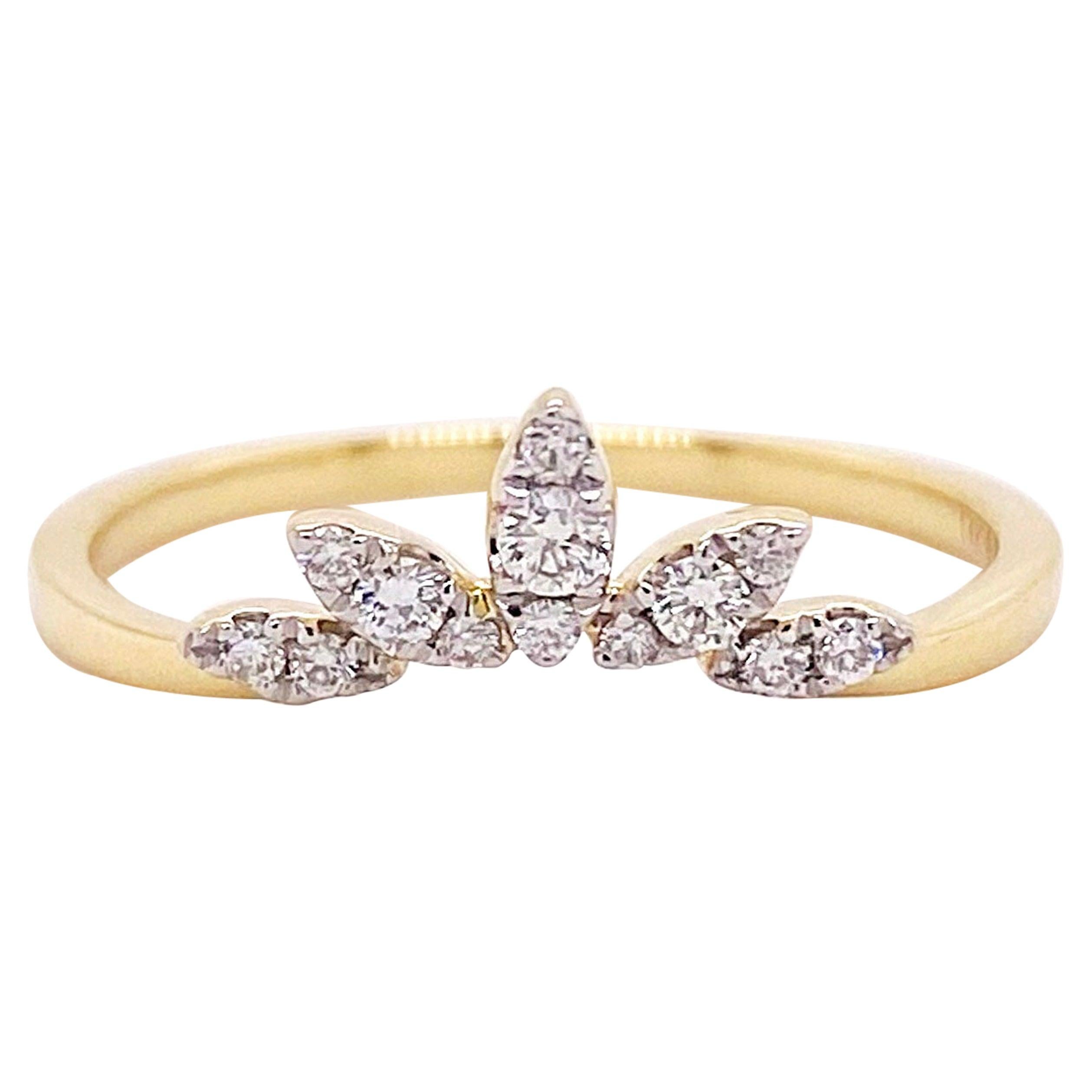 Bague couronne en diamant, anneau couronne incurvé en or jaune 14 carats, ronde et marquise
