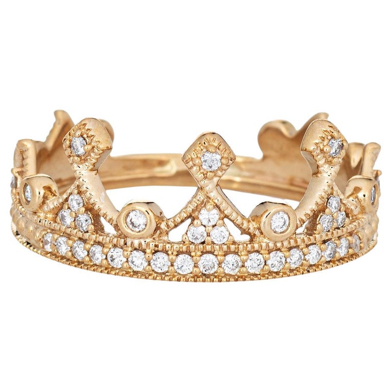 Diamond Crown Ring Estate 10k Yellow Gold Tiara Fine Jewelry For Sale