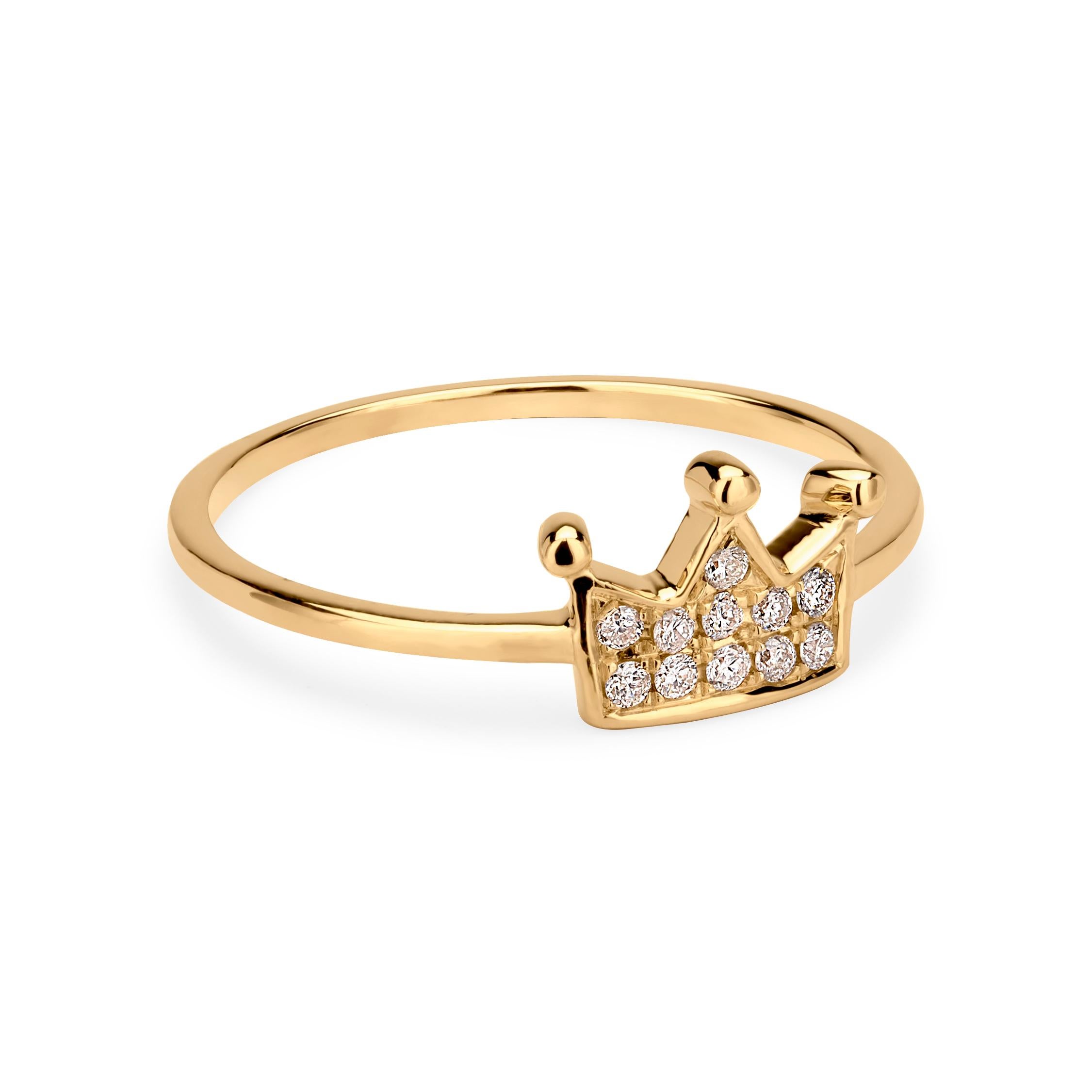 Grace your finger with a Luxle crown ring a symbol of glory, power, immortality, sovereignty, and royalty. Subtle yet pretty this crown ring is the new fashion statement. This ring is featured with 11 round cut diamonds, totaling 0.09Cts embellished