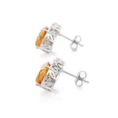 Diamond Crowned Citrine Gemstone Stud Earrings in 14K White Gold