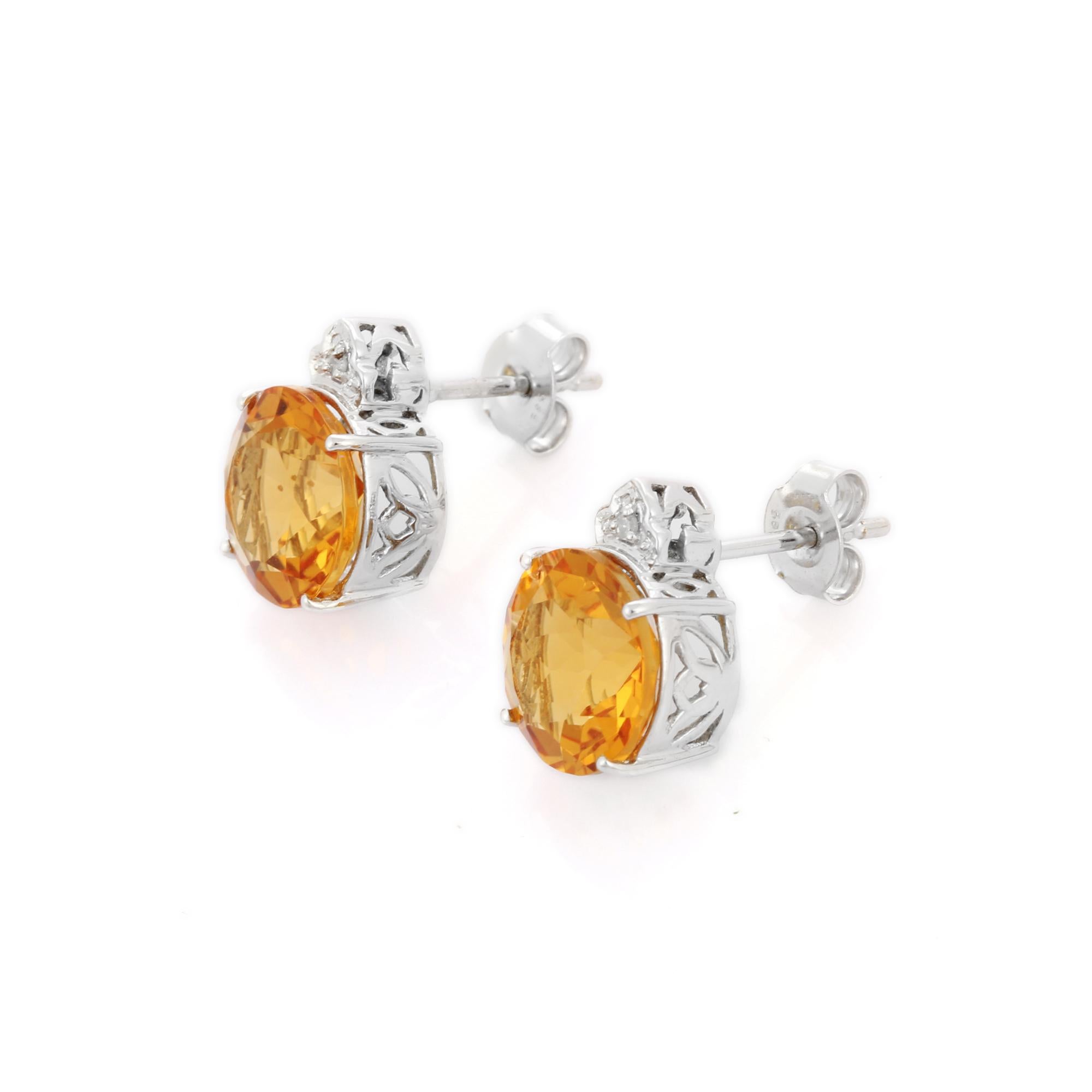 Art déco Clous d'oreilles en or blanc 14 carats avec diamants et citrine en forme de couronne en vente